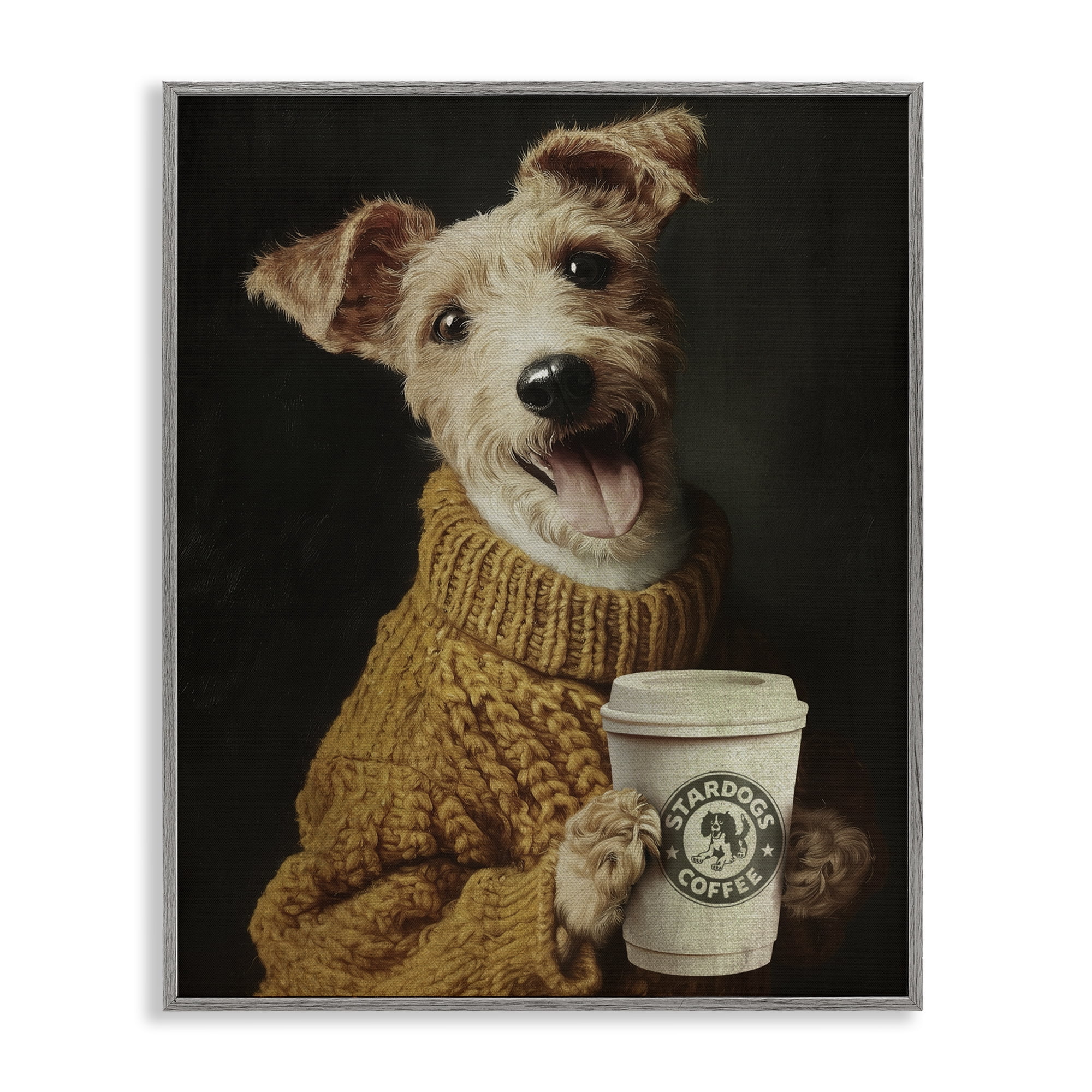 Stupell Industries Latte Lover Dog in Sweater Gray Framed Giclee Art, design by Svetlana Aleynikova