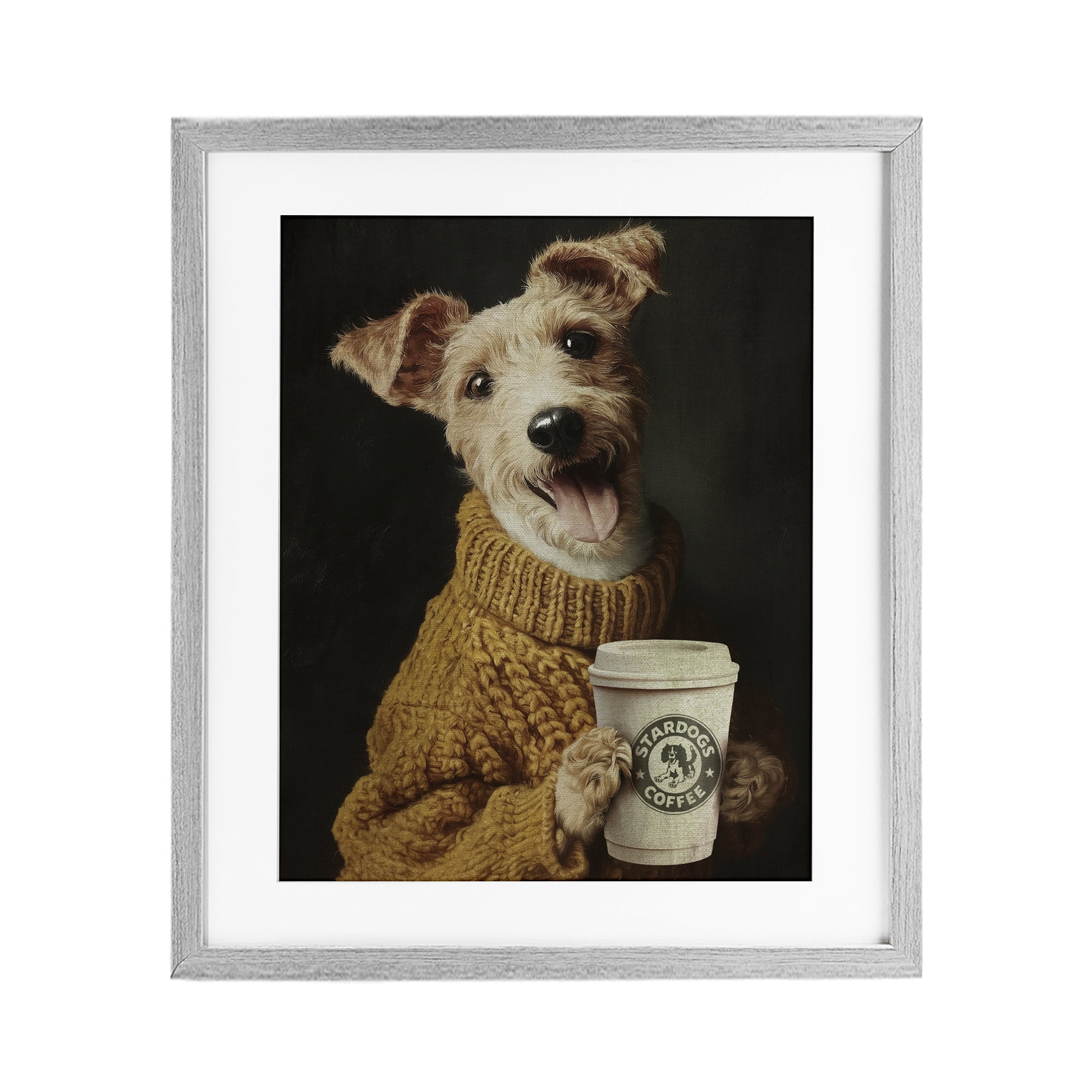 Stupell Industries Latte Lover Dog in Sweater Gray Framed Print Under Glass, design by Svetlana Aleynikova