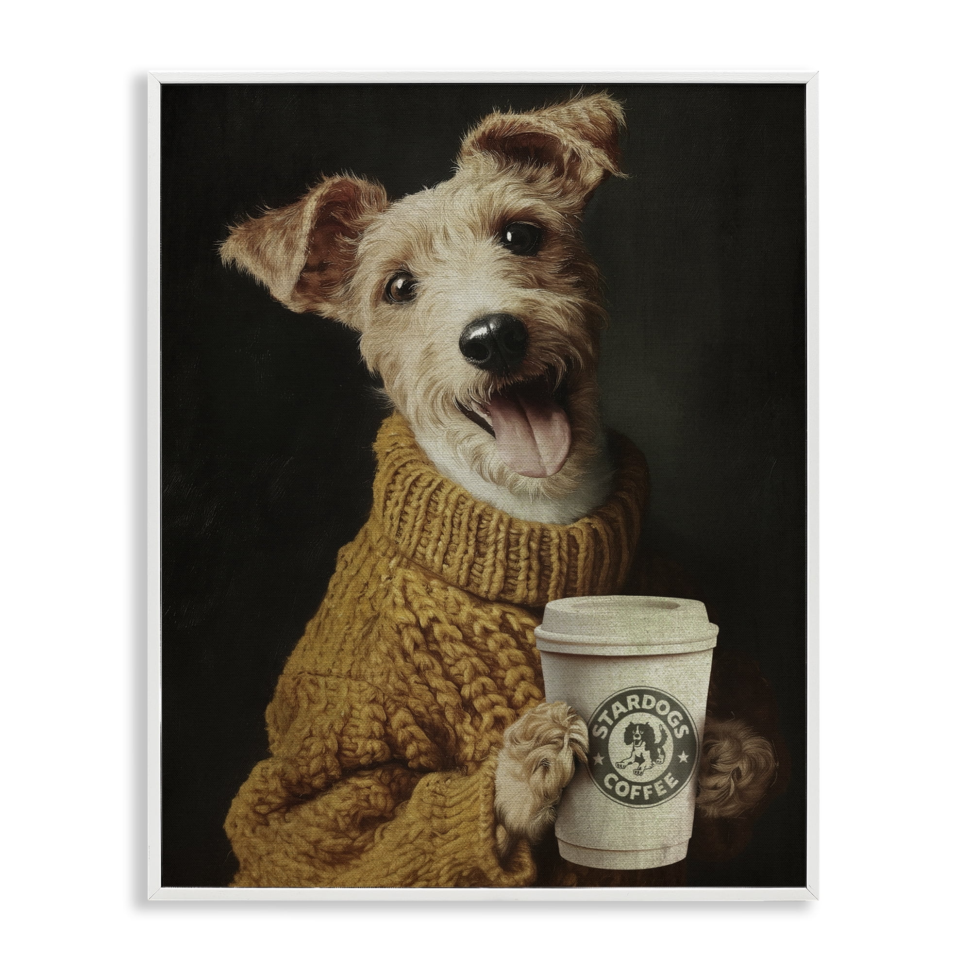 Stupell Industries Latte Lover Dog in Sweater White Framed Giclee Art, design by Svetlana Aleynikova