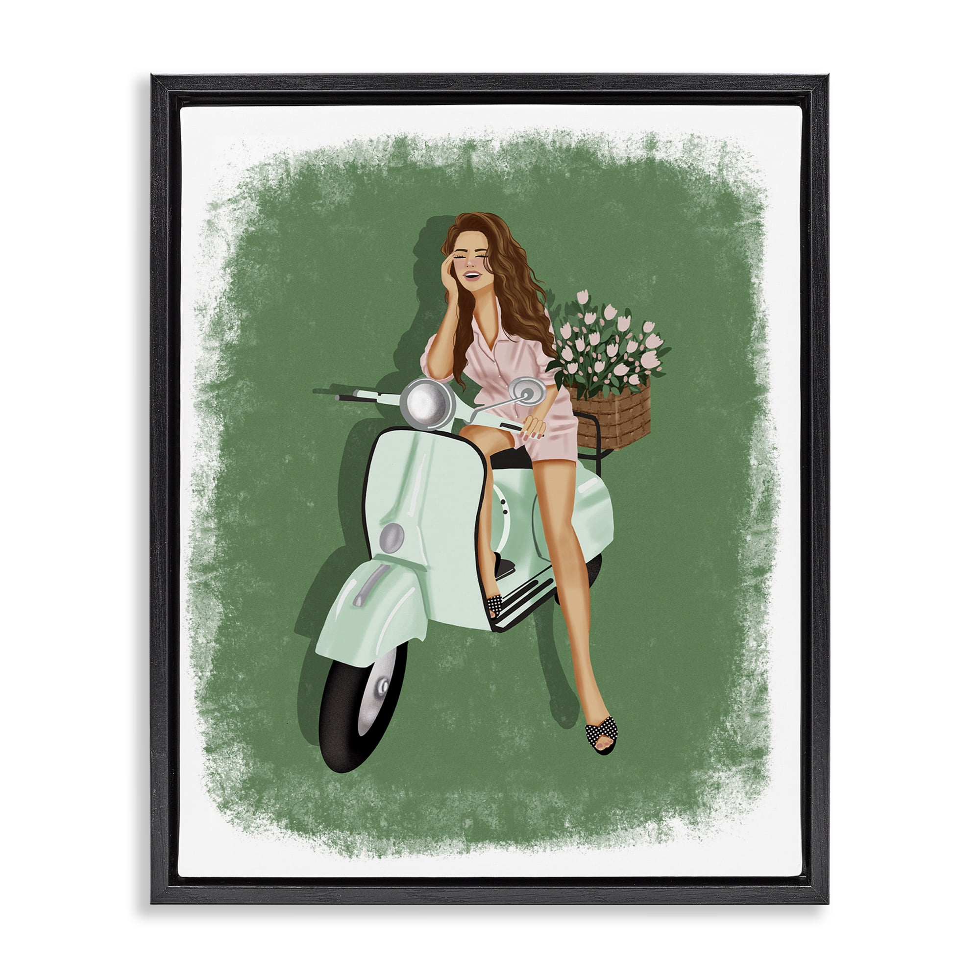 Stupell Industries Laughing Girl on Scooter People Painting Black Floater Framed Canvas Art Print Wall Art, 17 x 21