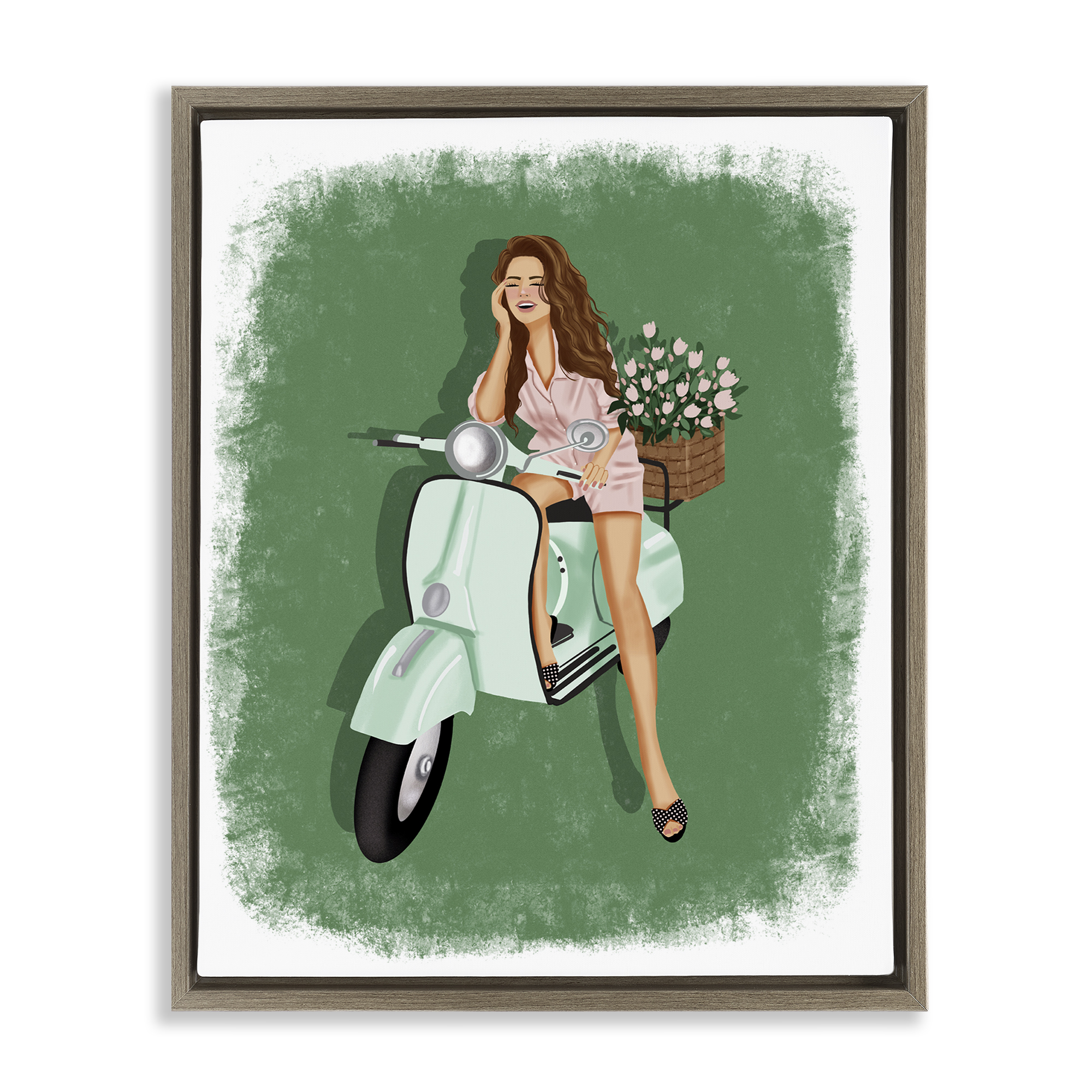 Stupell Industries Laughing Girl on Scooter People Painting Brown Floater Framed Canvas Art Print Wall Art, 17 x 21