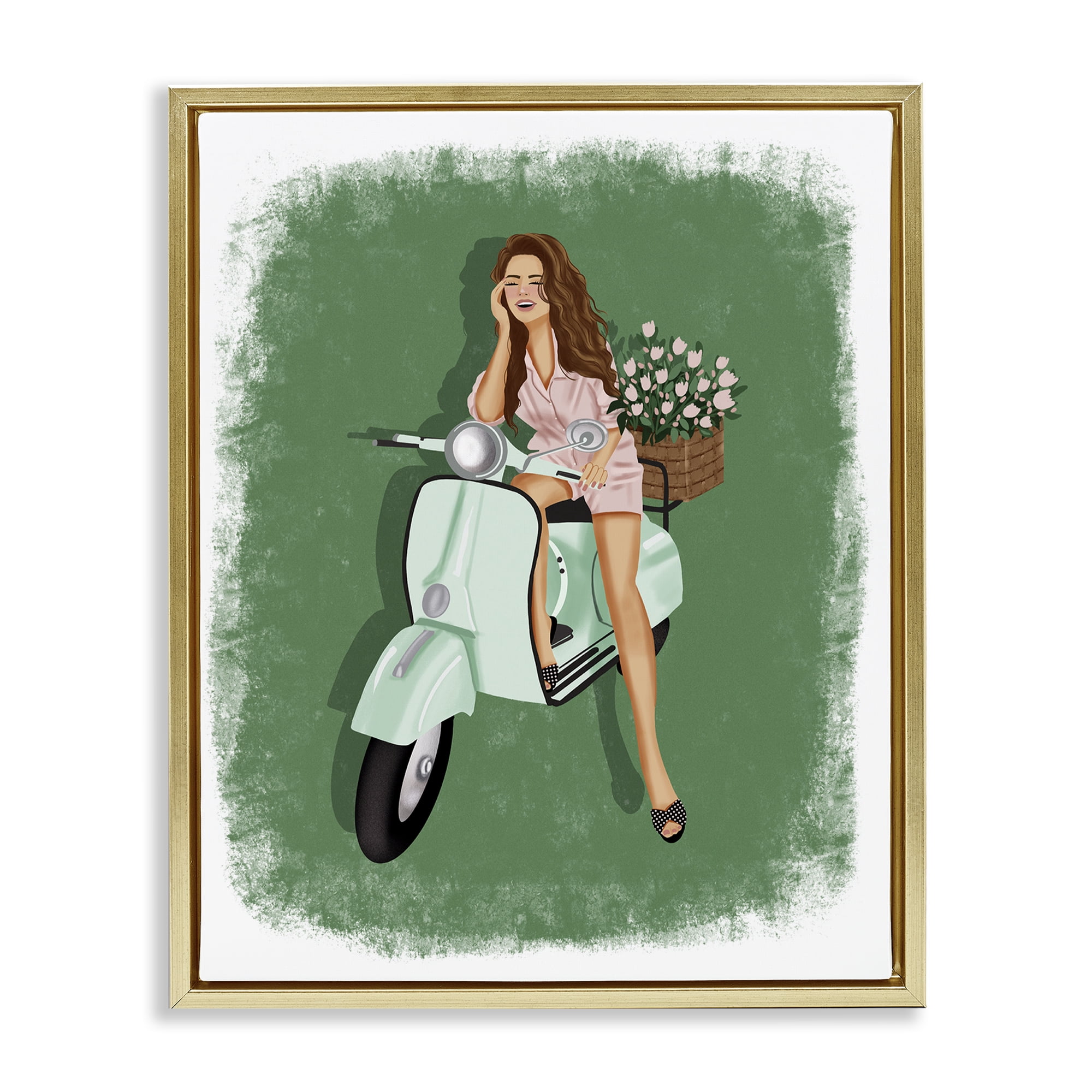 Stupell Industries Laughing Girl on Scooter People Painting Gold Floater Framed Canvas Art Print Wall Art, 25 x 31