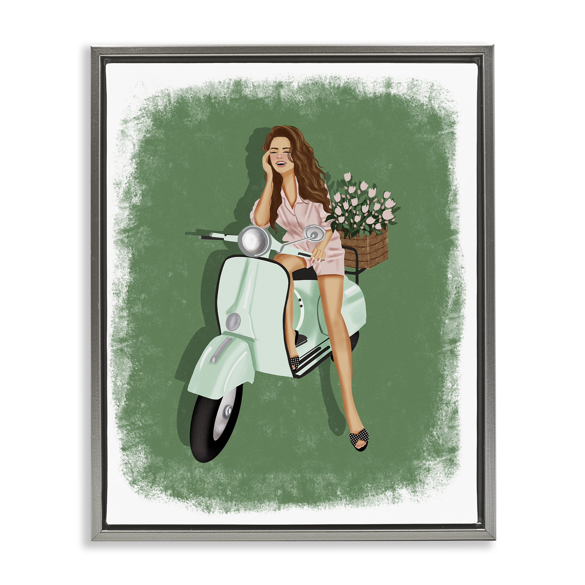 Stupell Industries Laughing Girl on Scooter People Painting Gray Floater Framed Canvas Art Print Wall Art, 17 x 21