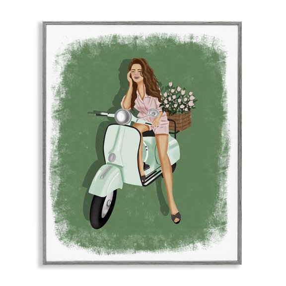 Stupell Industries Laughing Girl on Scooter People Painting Gray Framed Art Print Wall Art, 11 x 14