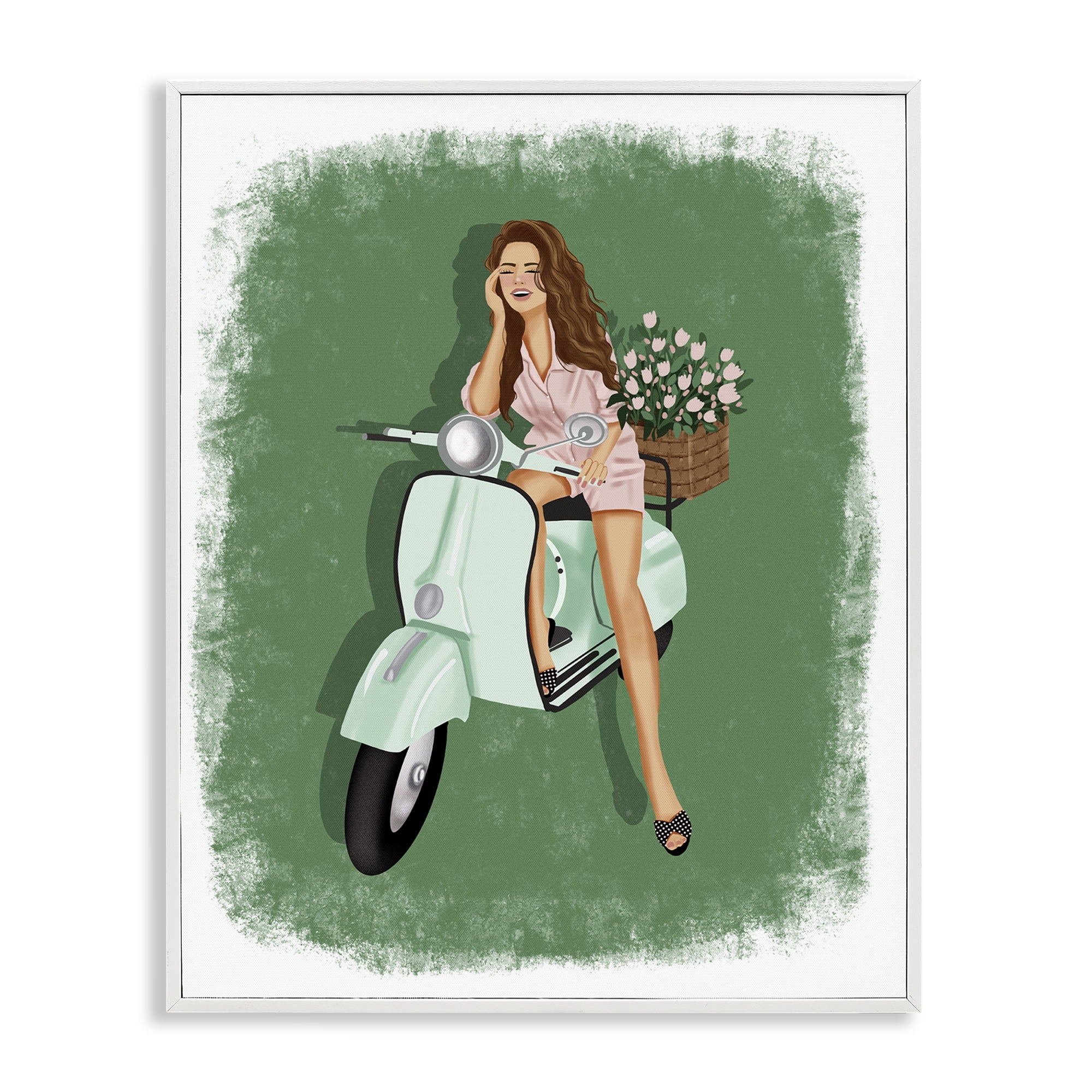 Stupell Industries Laughing Girl on Scooter People Painting White Framed Art Print Wall Art, 16 x 20