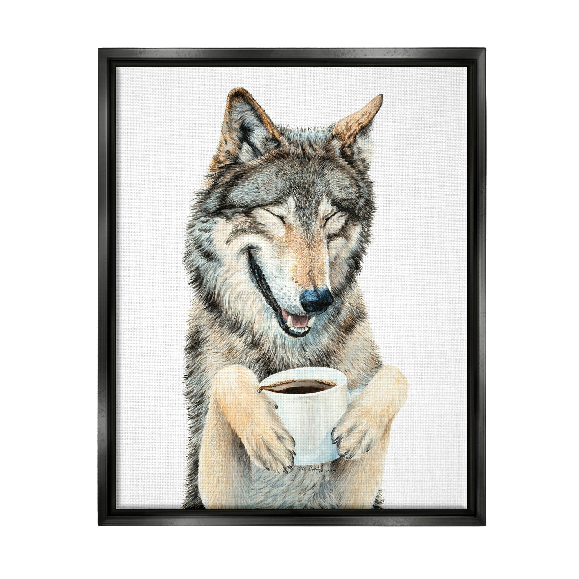 Stupell Industries Laughing Wolf with Coffee Animals & Insects Painting Black Floater Framed Art Print Wall Art, 17 x 21