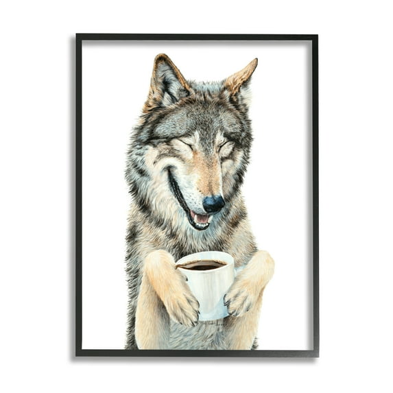 Stupell Industries Laughing Wolf with Coffee Animals & Insects Painting Black Framed Art Print Wall Art, 11 x 14