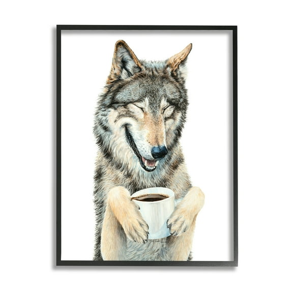Stupell Industries Laughing Wolf with Coffee Animals & Insects Painting Black Framed Art Print Wall Art, 16 x 20