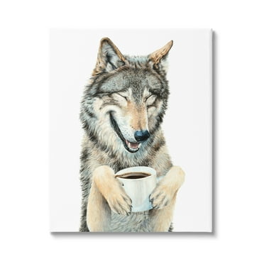 Stupell Industries Laughing Wolf with Coffee Animals & Insects Painting Gallery Wrapped Canvas Print Wall Art, 16 x 20