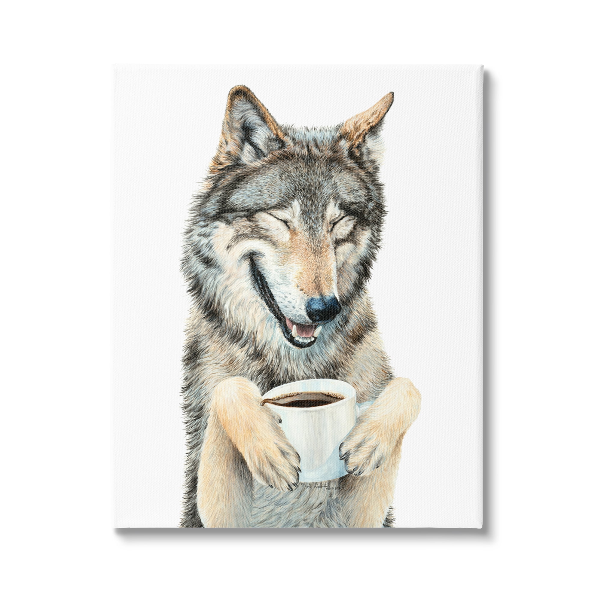 Stupell Industries Laughing Wolf with Coffee Animals & Insects Painting Gallery Wrapped Canvas Print Wall Art, 36 x 48