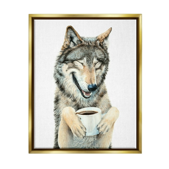 Stupell Industries Laughing Wolf with Coffee Animals & Insects Painting Gold Floater Framed Art Print Wall Art, 25 x 31