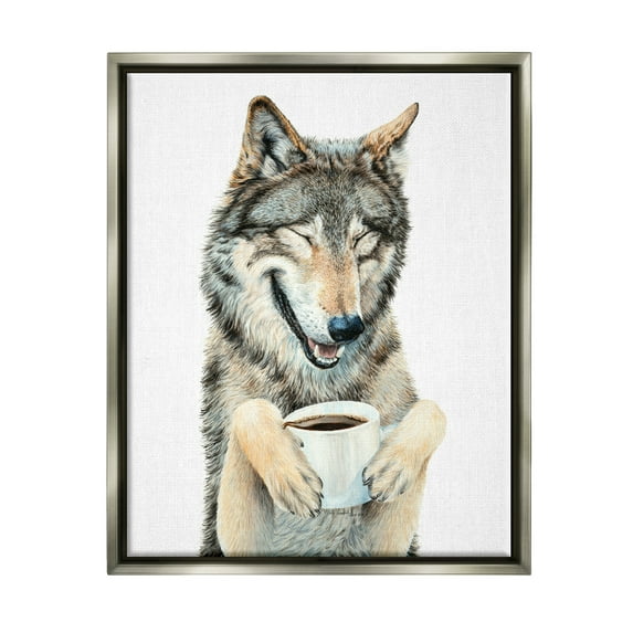 Stupell Industries Laughing Wolf with Coffee Animals & Insects Painting Gray Floater Framed Art Print Wall Art, 17 x 21