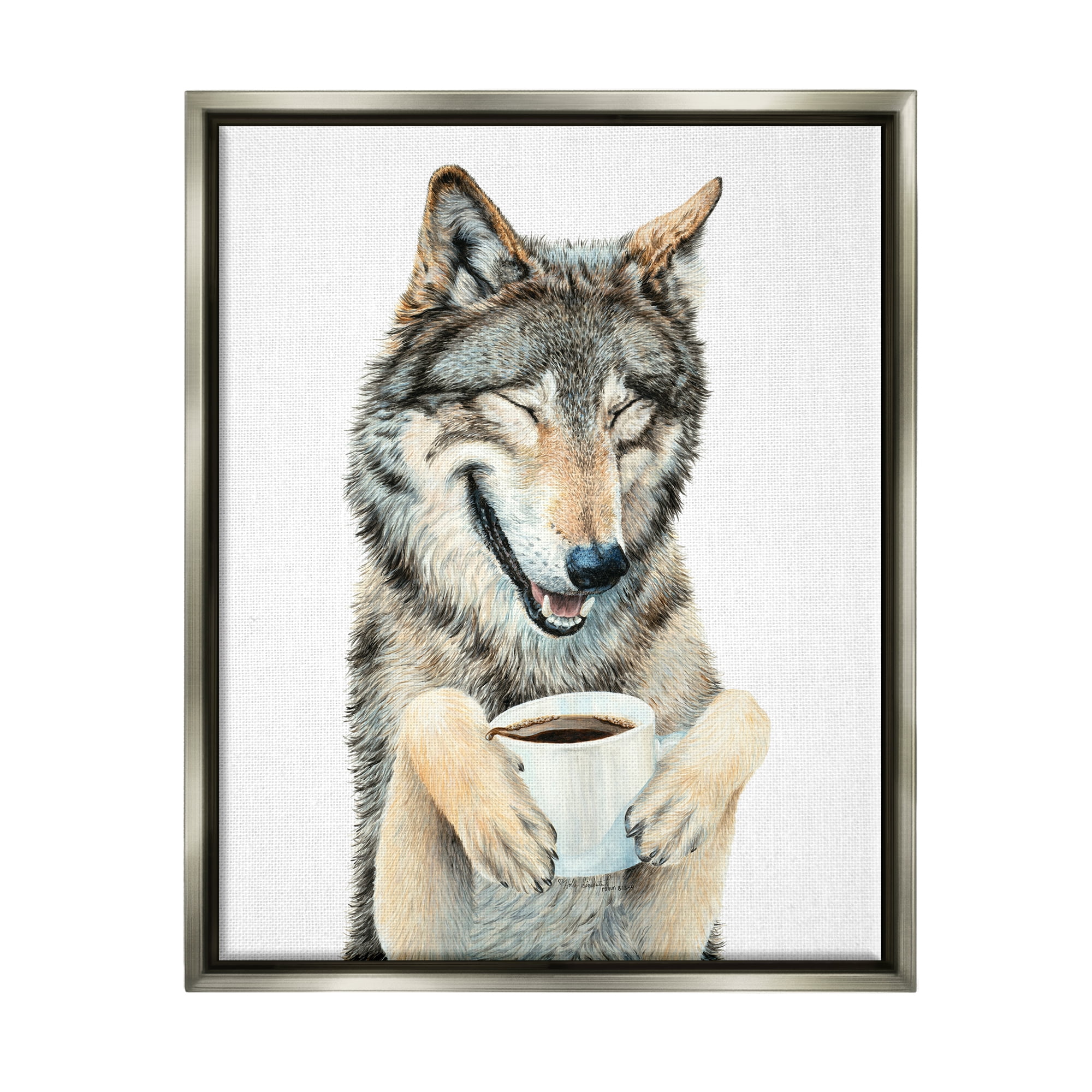 Stupell Industries Laughing Wolf with Coffee Animals & Insects Painting Gray Floater Framed Art Print Wall Art, 25 x 31