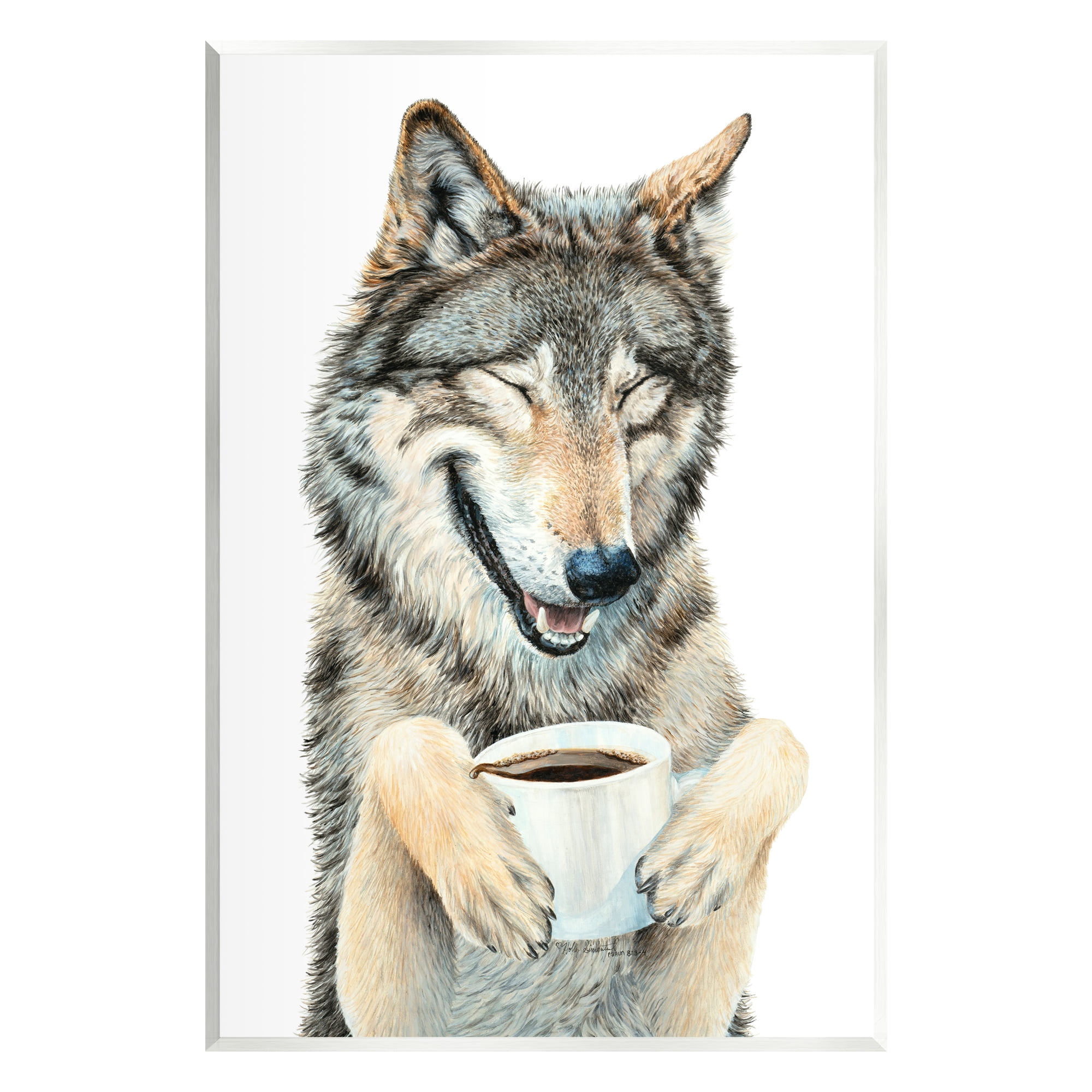 Stupell Industries Laughing Wolf with Coffee Animals & Insects Painting Unframed Art Print Wall Art, 10 x 15
