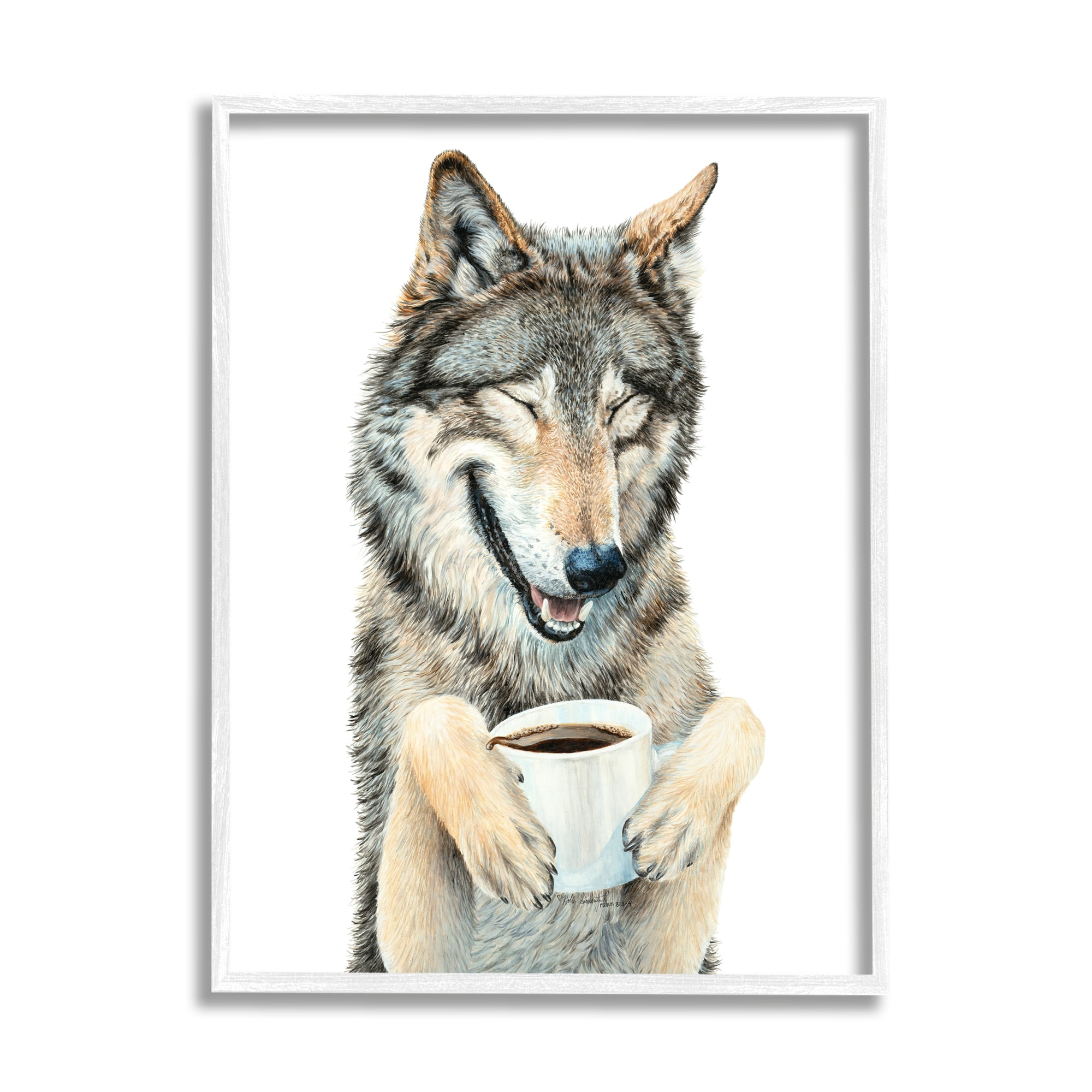 Stupell Industries Laughing Wolf with Coffee Animals & Insects Painting White Framed Art Print Wall Art, 11 x 14