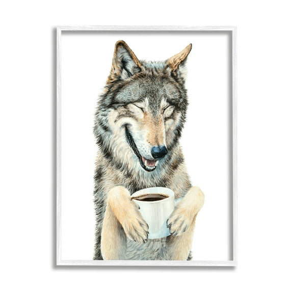 Stupell Industries Laughing Wolf with Coffee Animals & Insects Painting White Framed Art Print Wall Art, 24 x 30