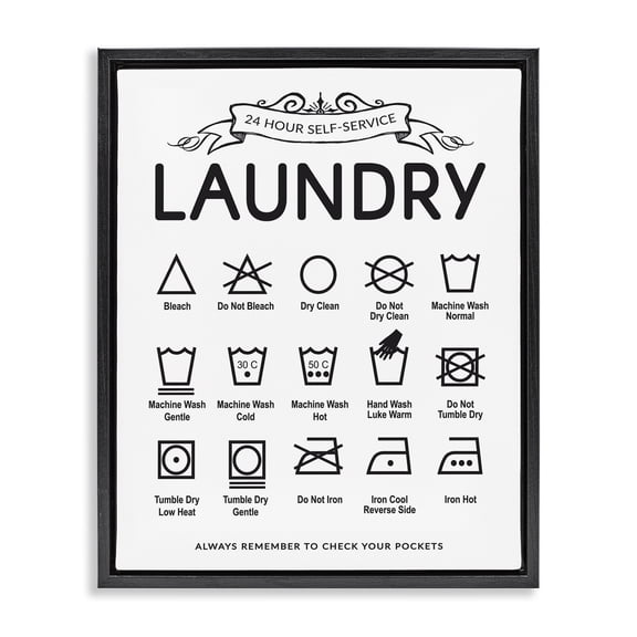 Stupell Industries Laundry Care Symbols with Banner Black Framed Floater Canvas Wall Art design by Lettered and Lined, 21 x 17