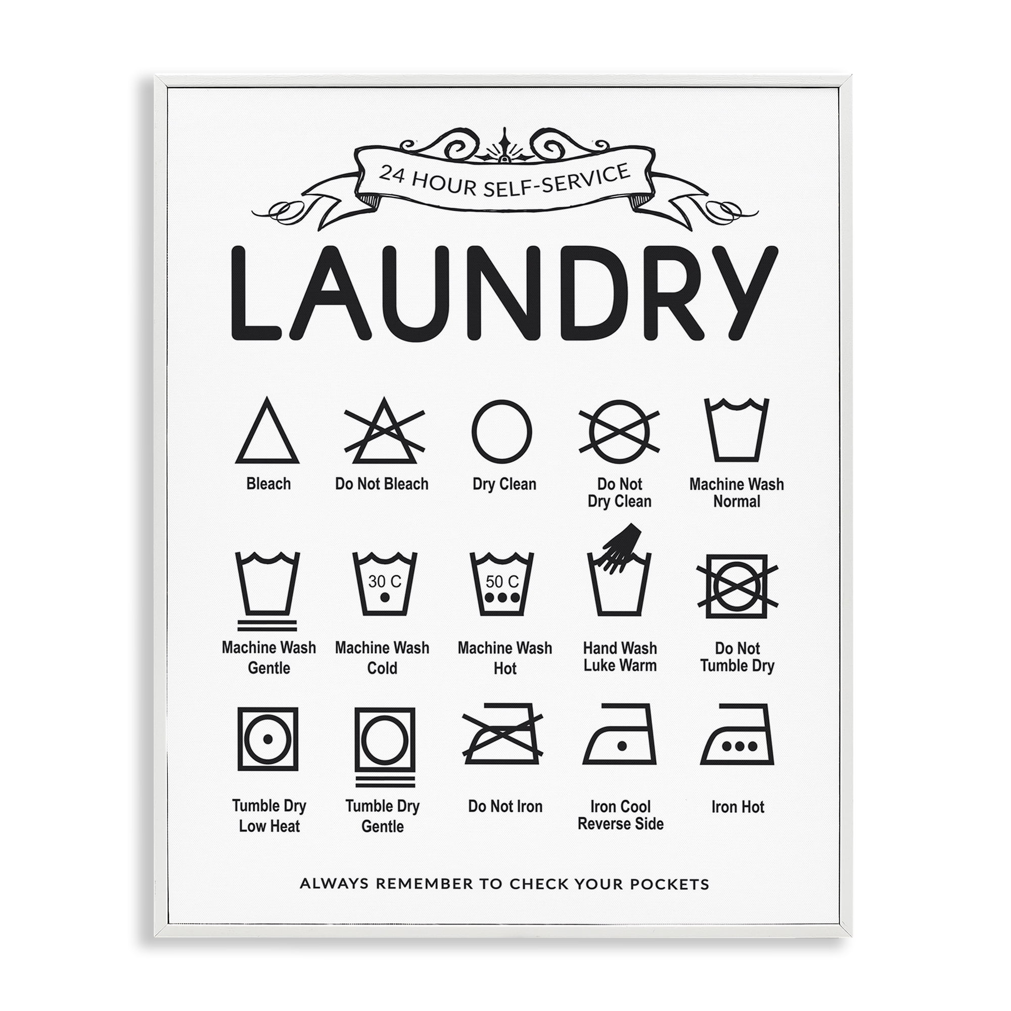 Stupell Industries Laundry Care Symbols with Banner White Framed Giclee ...