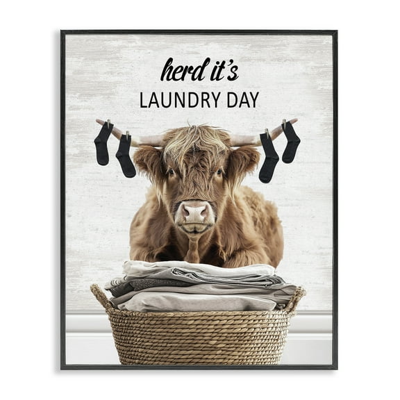 Stupell Industries Laundry Cattle with Hanging Socks Quotes and Sayings Painting Black Framed Art Print Wall Art, 11 x 14