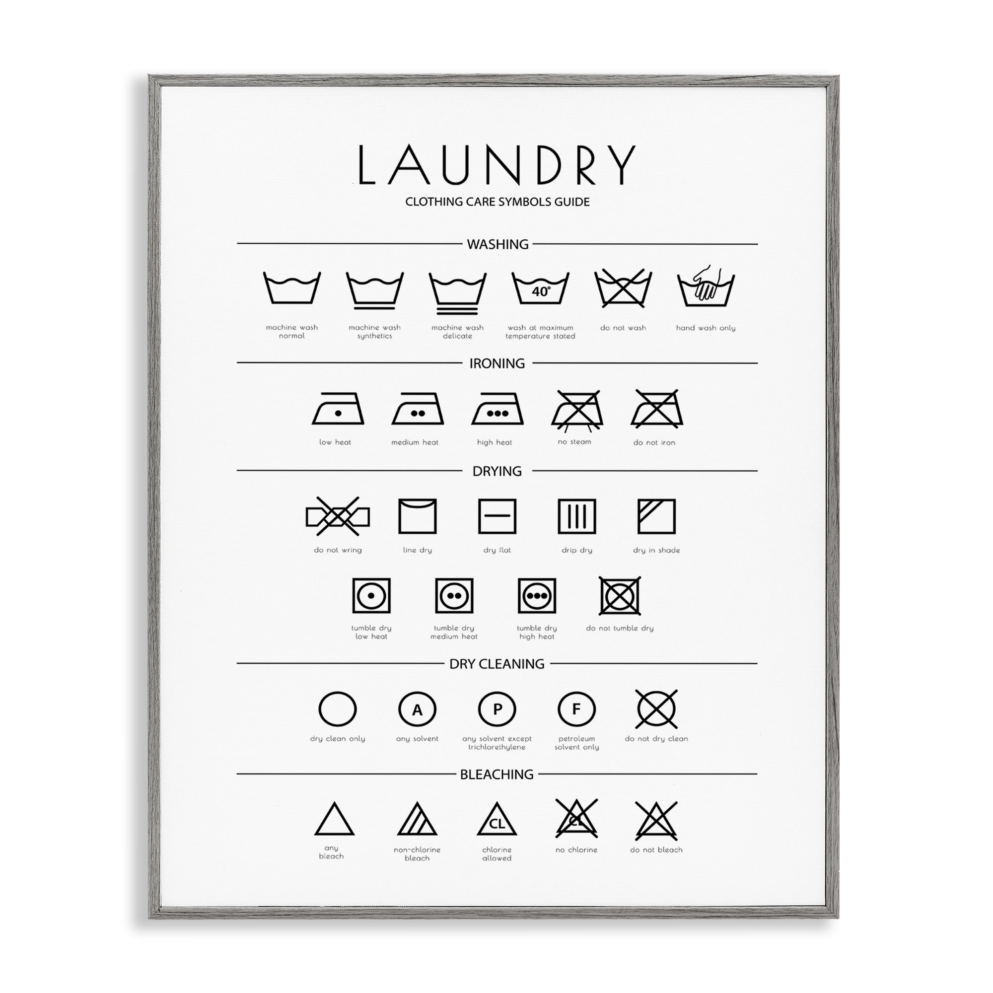 Minimal Laundry Cleaning Symbols Gray Framed Giclee Art, 24 x 30, Made Domestically
