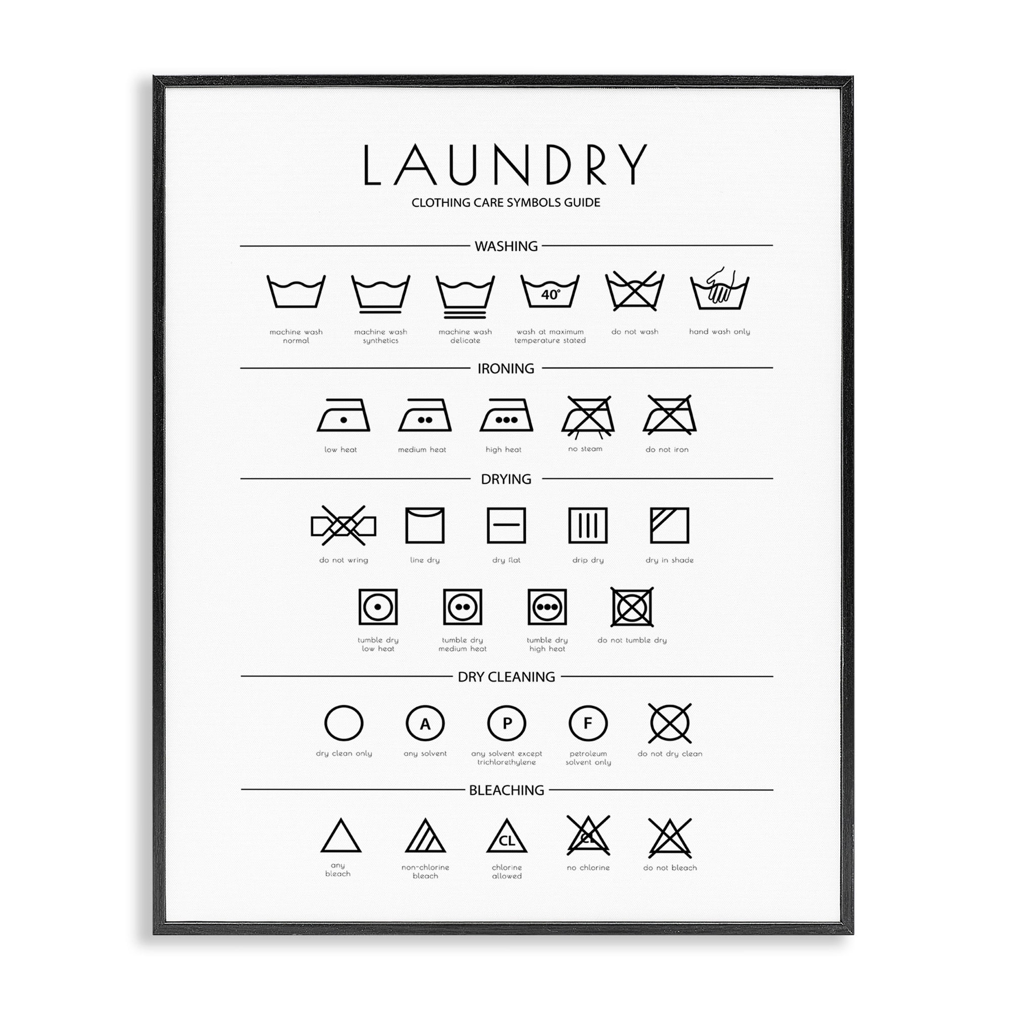 Laundry Symbols Black and White Canvas Print with Ebony Frame