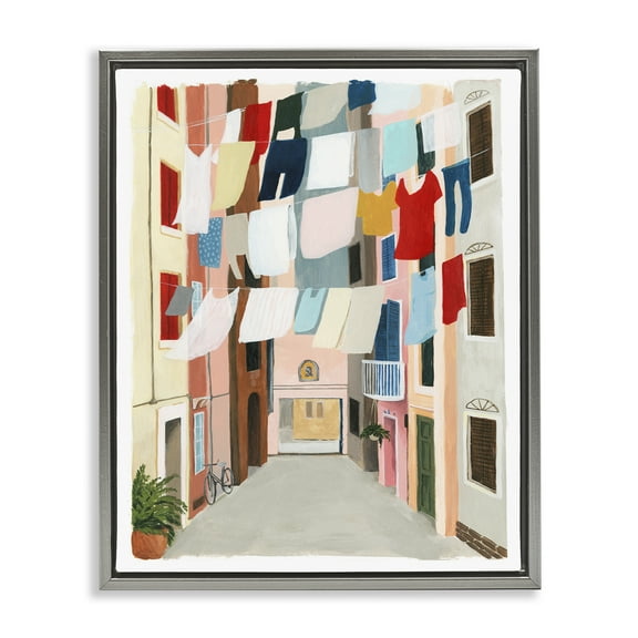 Laundry Clothesline Between Apartments Gray Floating Frame Canvas Art, 25 x 31, Made In USA