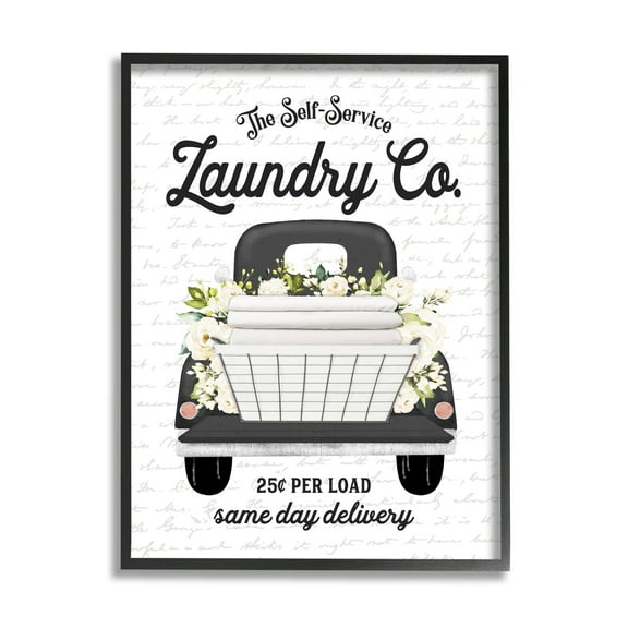 Stupell Industries Laundry Co. White Flower Bouquet Truck Service Graphic Art Black Framed Art Print Wall Art, Design by Lettered and Lined