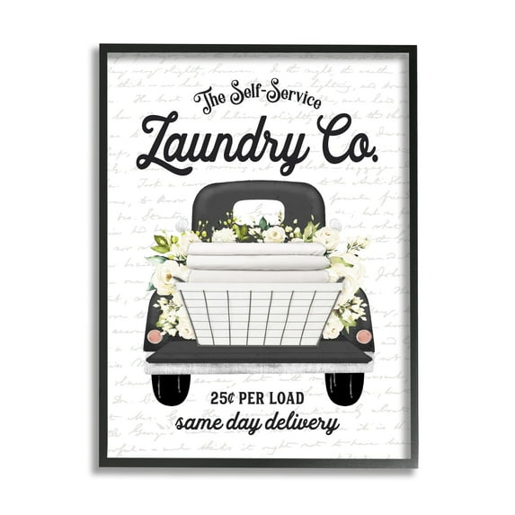 Stupell Industries Laundry Co. White Flower Bouquet Truck Service Graphic Art Black Framed Art Print Wall Art, Design by Lettered and Lined