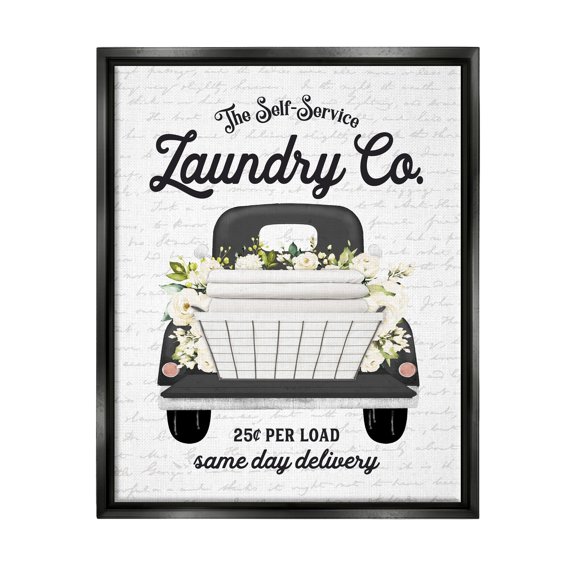 Stupell Industries Laundry Co. White Flower Bouquet Truck Service Graphic Art Jet Black Floating Framed Canvas Print Wall Art, Design by Lettered and Lined