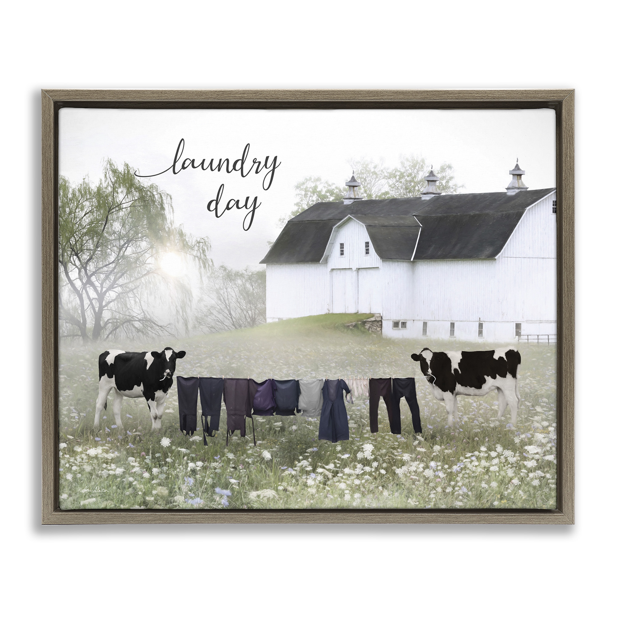 Stupell Industries Laundry Day with Rural Cows Landscape Painting Brown Floater Framed Canvas Art Print Wall Art, 31 x 25