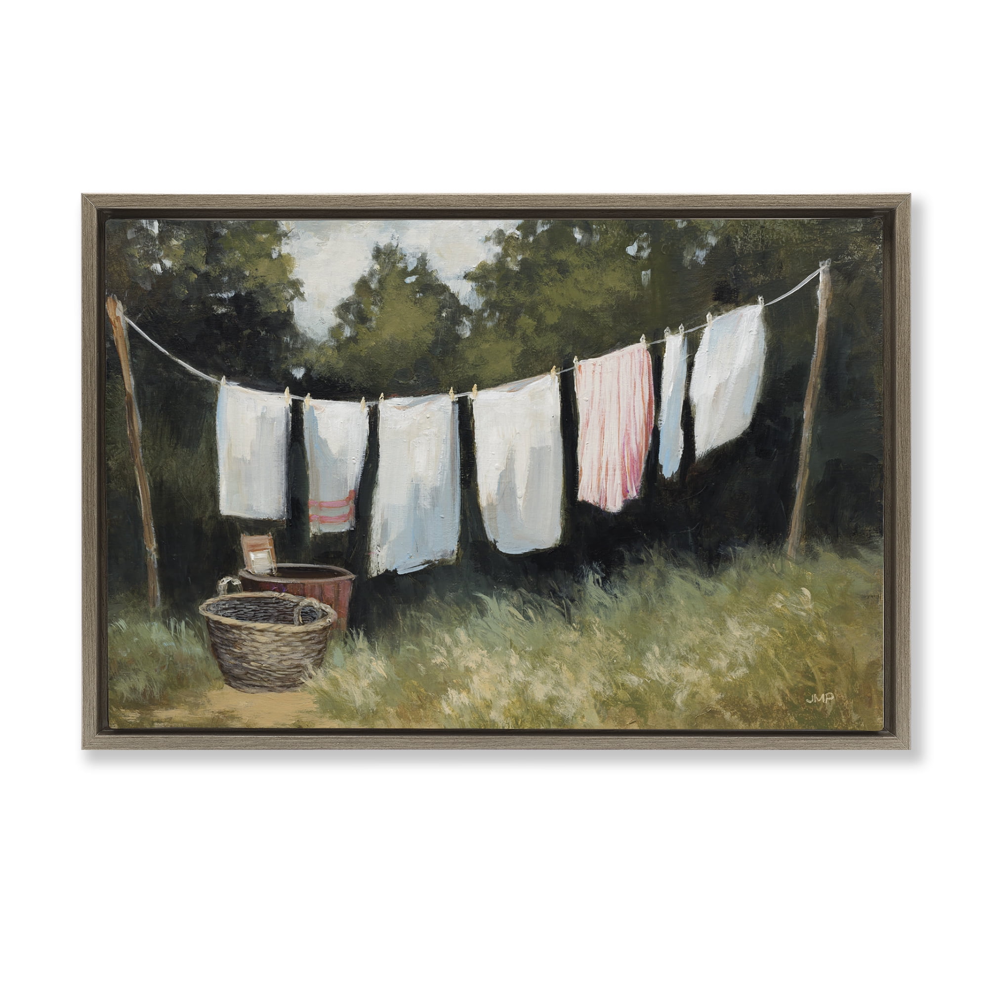 Stupell Industries Laundry Out To Dry Bath & Laundry Painting Brown Floater Framed Canvas Art Print Wall Art, 31 x 21