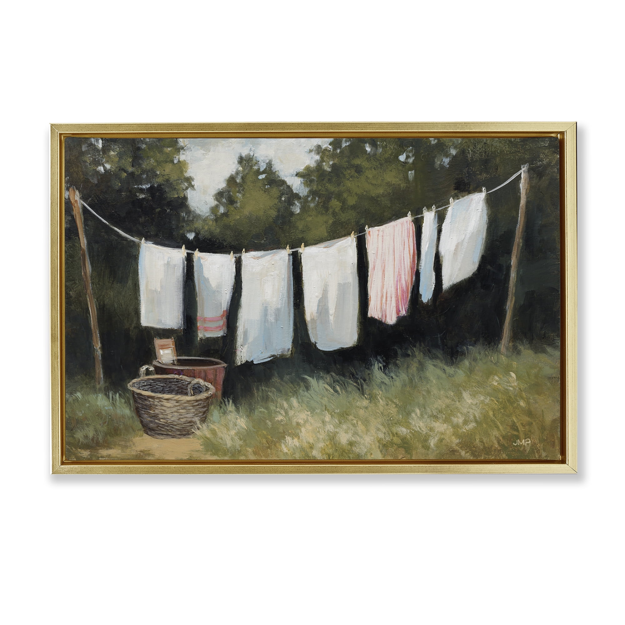 Stupell Industries Laundry Out To Dry Bath & Laundry Painting Gold Floater Framed Canvas Art Print Wall Art, 25 x 17