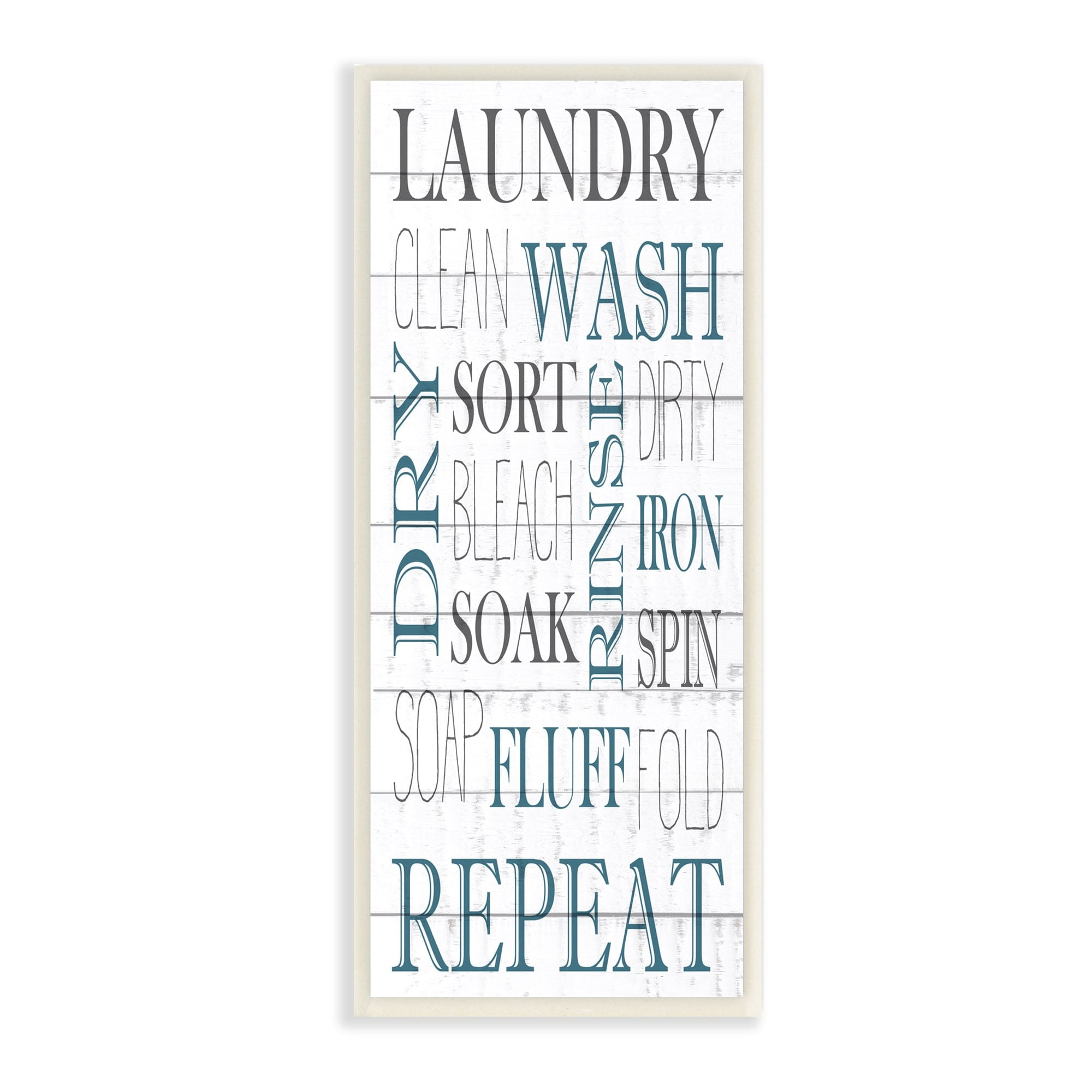 Stupell Industries Laundry Room Blue White Text Typography Sign Wood Wall Art, 7 x 17, Design by Kim Allen