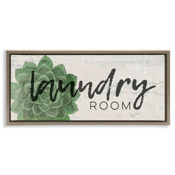 Stupell Industries Laundry Room Green Succulent Botanical & Floral Painting Brown Floater Framed Canvas Art Print Wall Art, 31 x 14