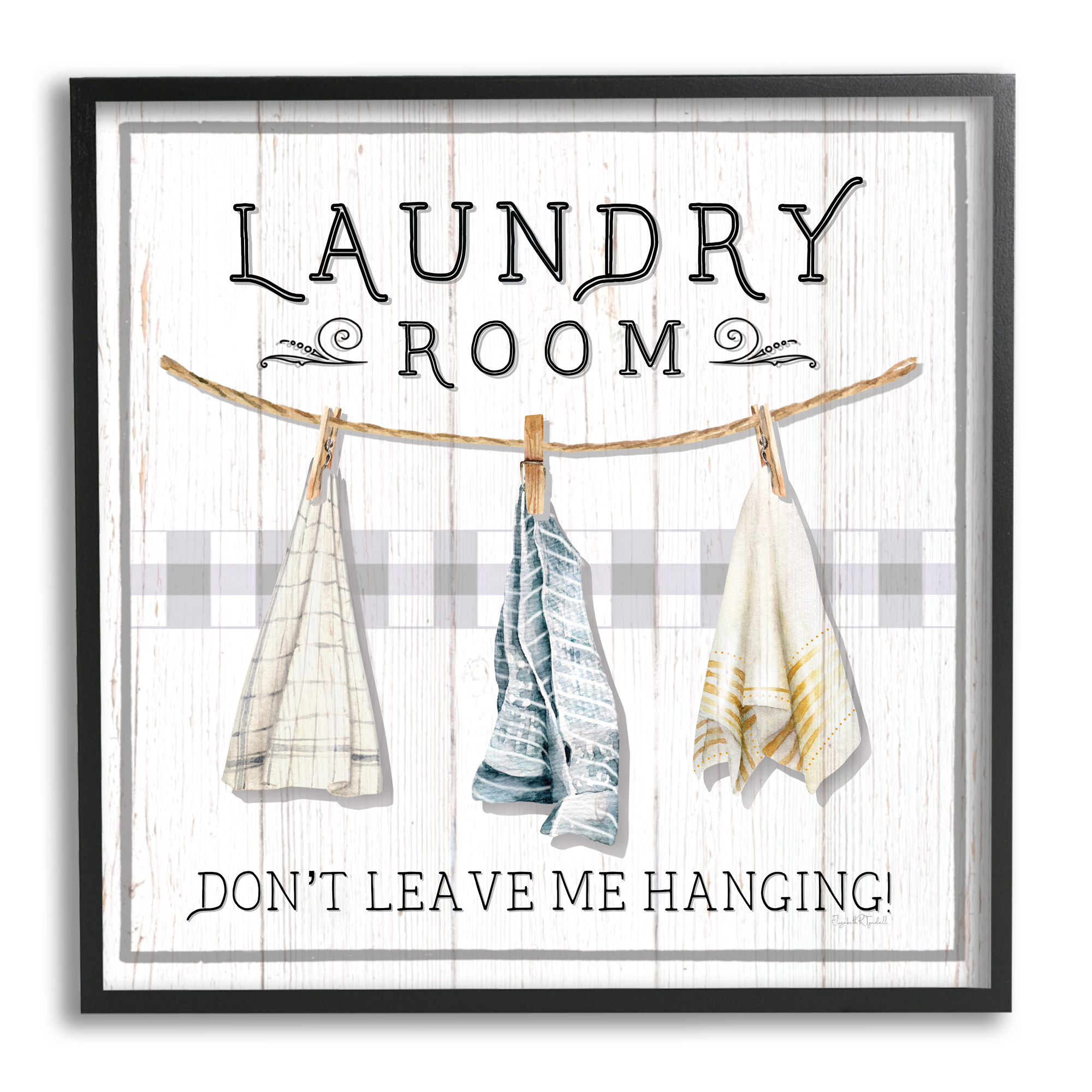 Stupell Industries Laundry Room Hanging Towels Typography Painting Black Framed Art Print Wall Art, 17 x 17