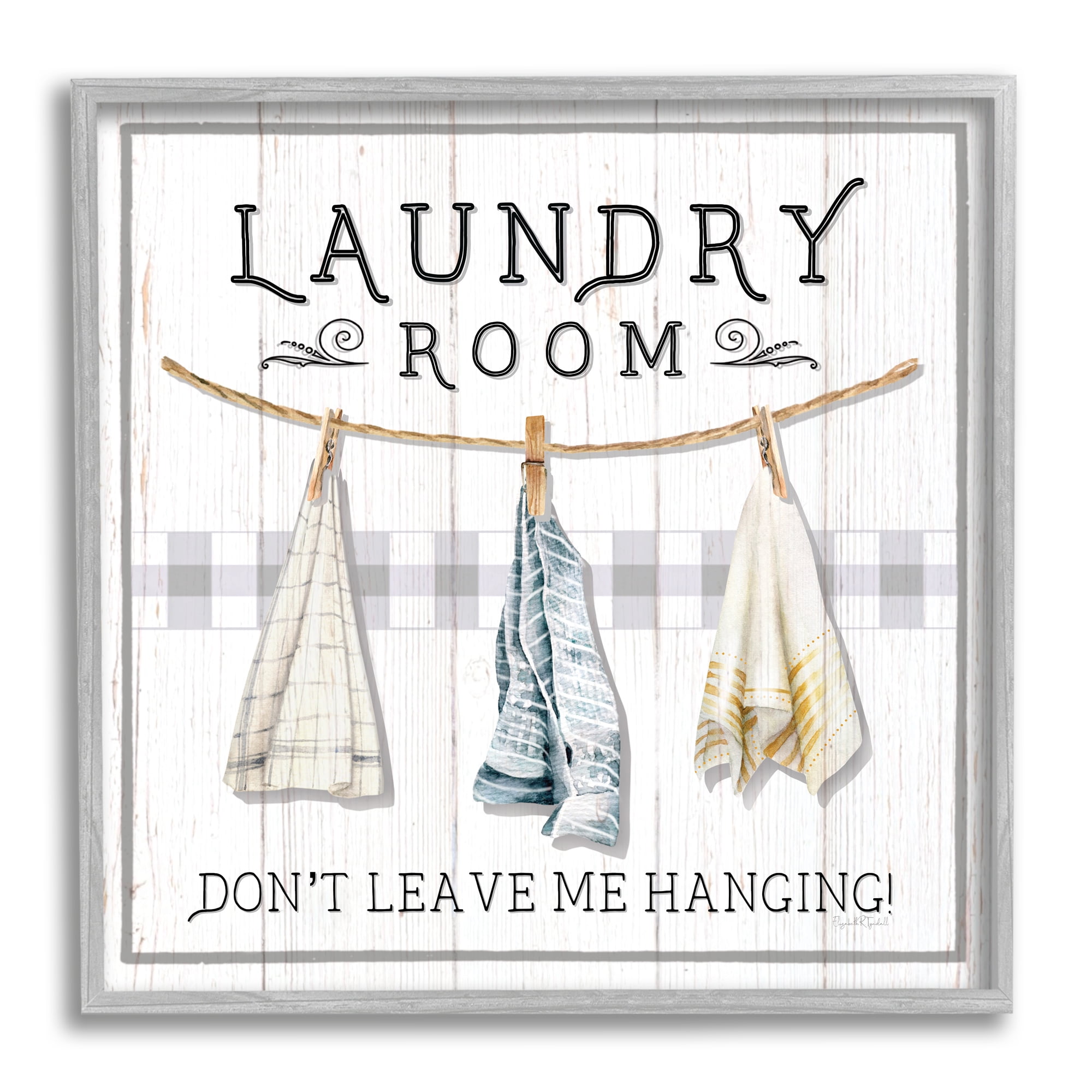 Stupell Industries Laundry Room Hanging Towels Typography Painting Gray Framed Art Print Wall Art, 17 x 17
