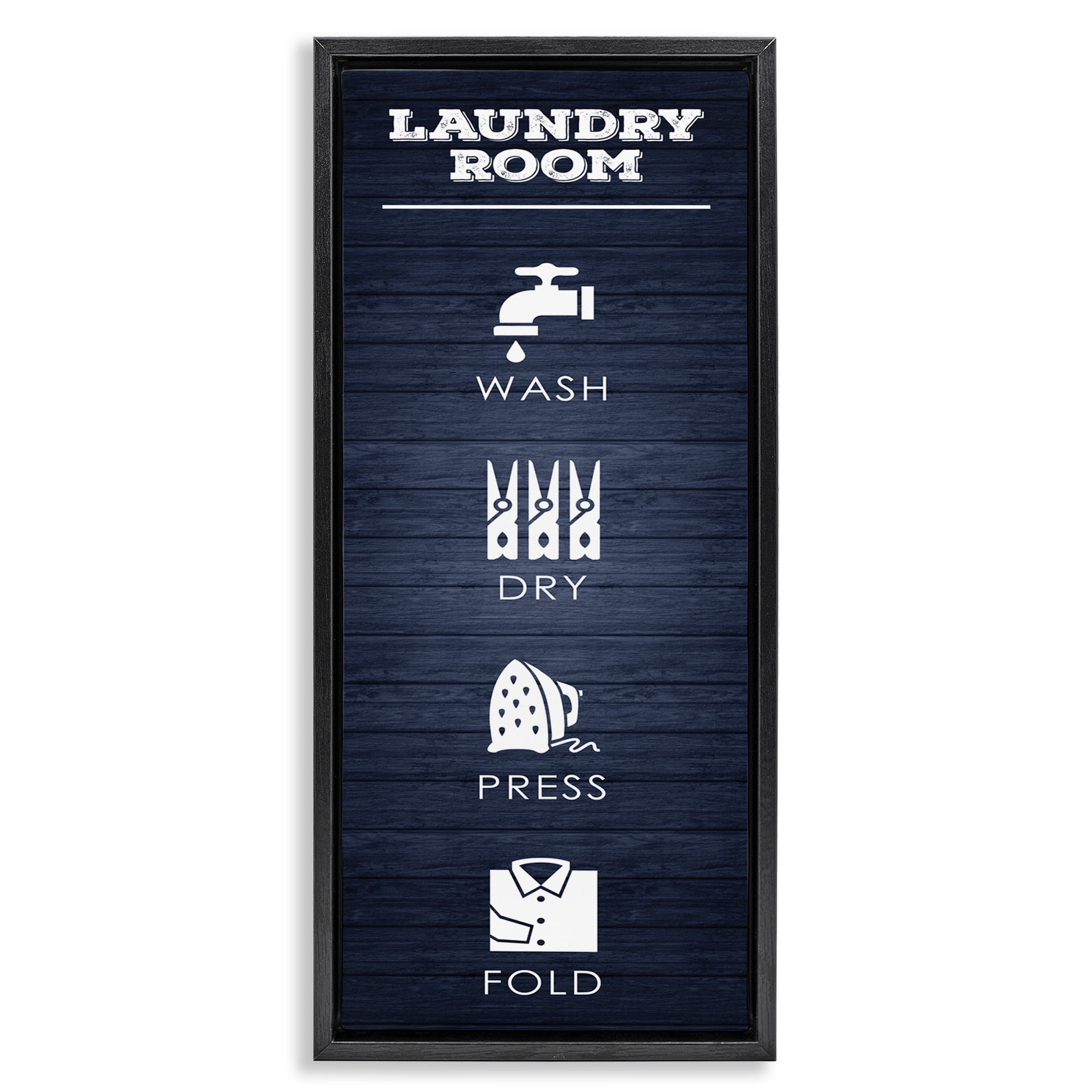 Stupell Industries Laundry Room Icons Rustic Blue Typography Painting Black Floater Framed Canvas Art Print Wall Art, 15 x 31