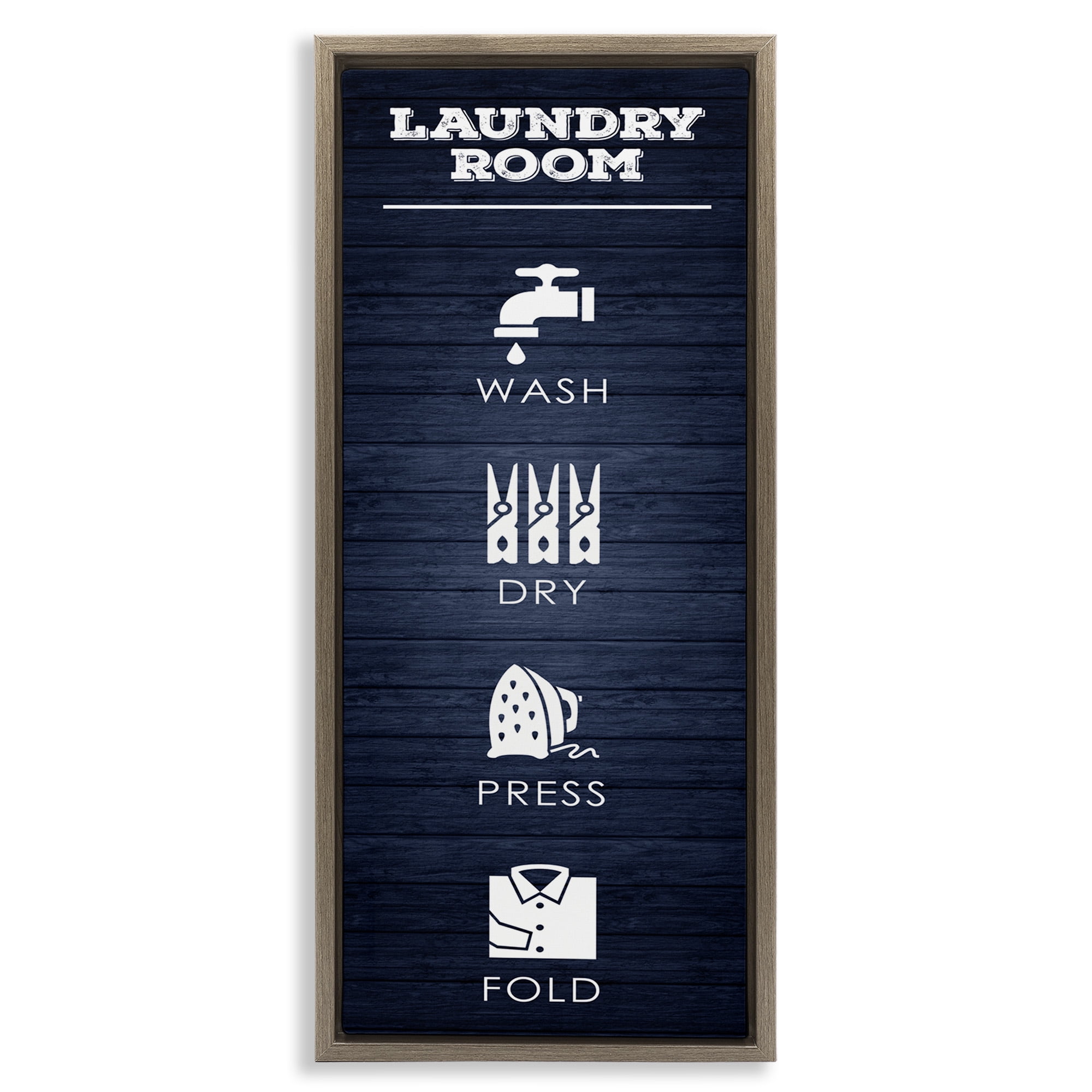 Stupell Industries Laundry Room Icons Rustic Blue Typography Painting Brown Floater Framed Canvas Art Print Wall Art, 11 x 25