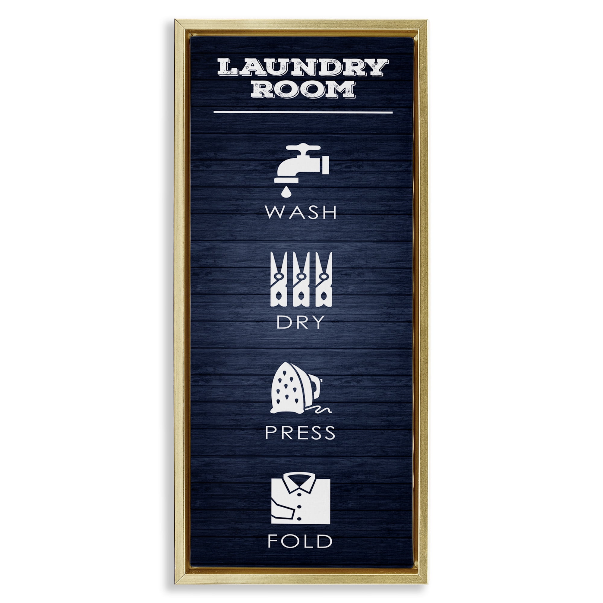 Stupell Industries Laundry Room Icons Rustic Blue Typography Painting Gold Floater Framed Canvas Art Print Wall Art, 11 x 25