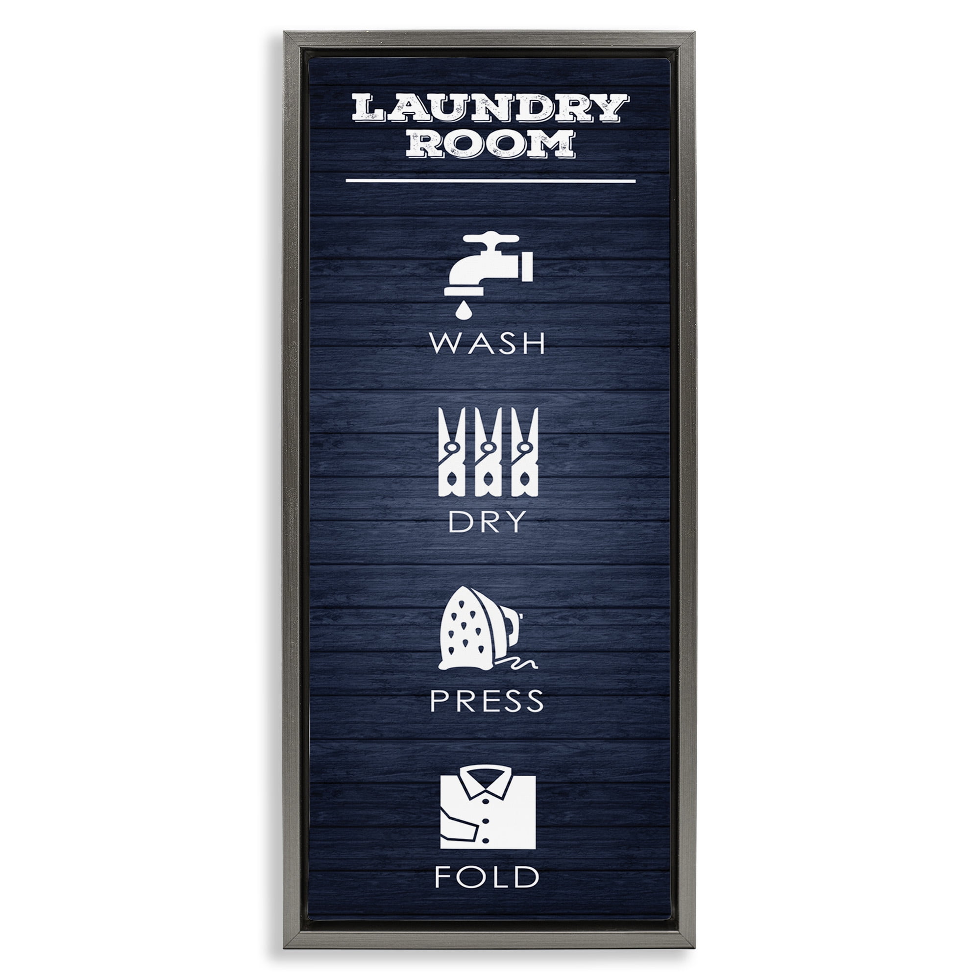 Stupell Industries Laundry Room Icons Rustic Blue Typography Painting Gray Floater Framed Canvas Art Print Wall Art, 15 x 31