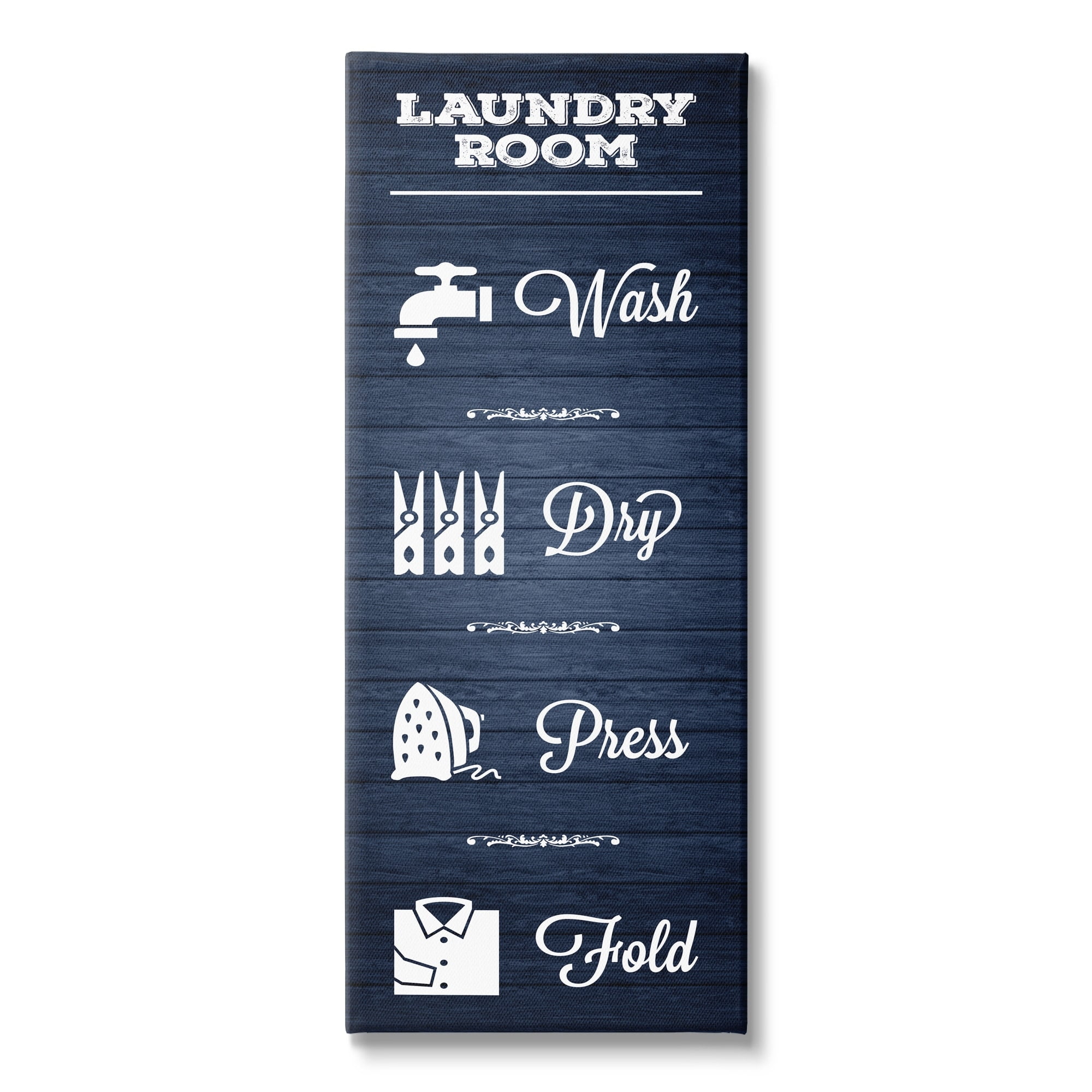 Stupell Industries Laundry Room Rules Sign Blue Grain Pattern Calligraphy Canvas Wall Art, 13 x 30, Design by Melody Hogan