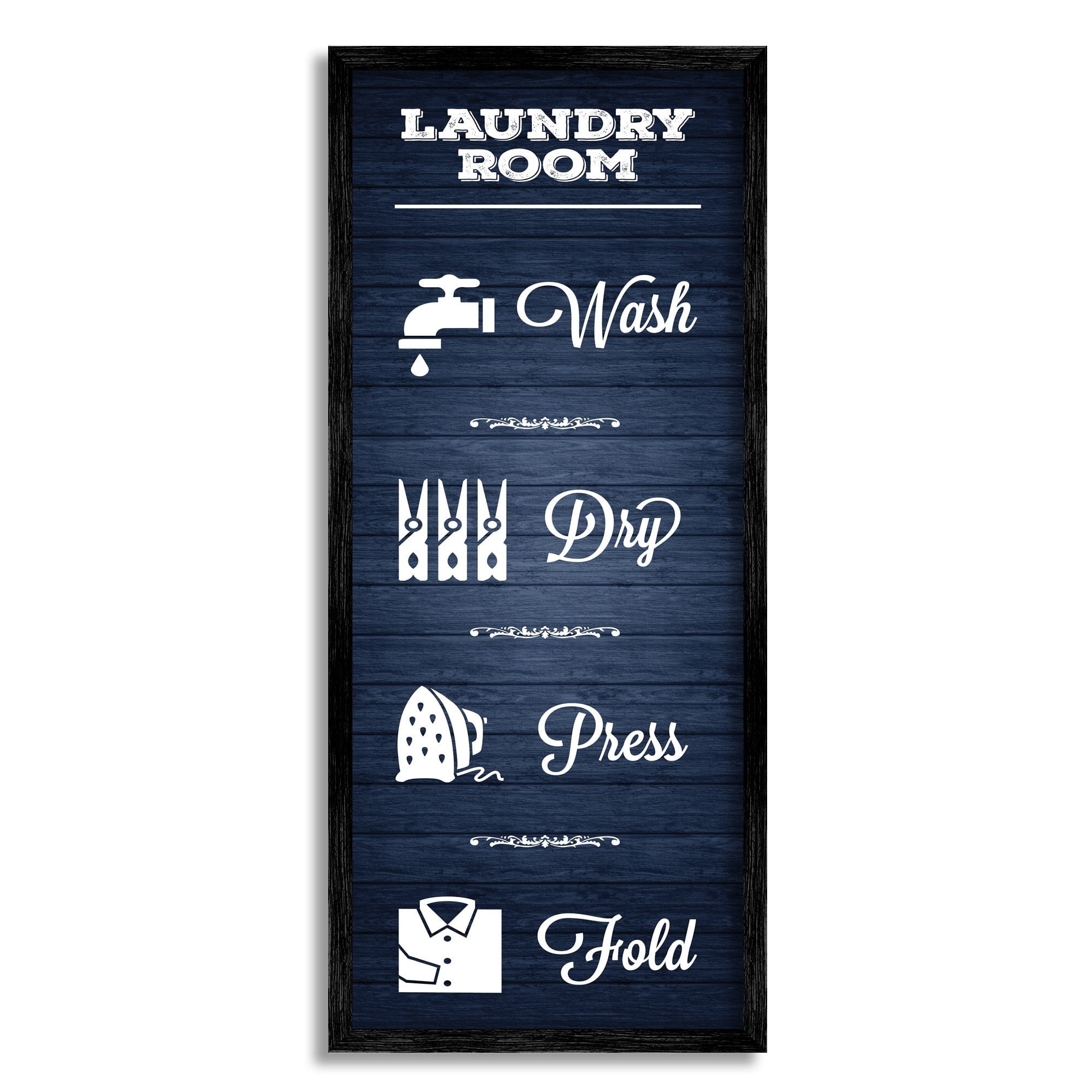 Stupell Industries Laundry Room Rules Sign Blue Grain Pattern Calligraphy Framed Wall Art, 10 x 24, Design by Melody Hogan