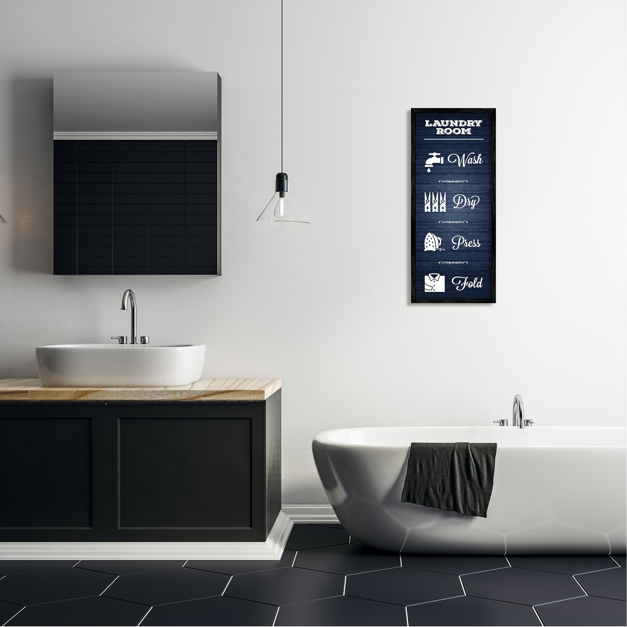 Stupell Industries Laundry Room Rules Sign Blue Grain Pattern Calligraphy Framed Wall Art, 13 x 30, Design by Melody Hogan