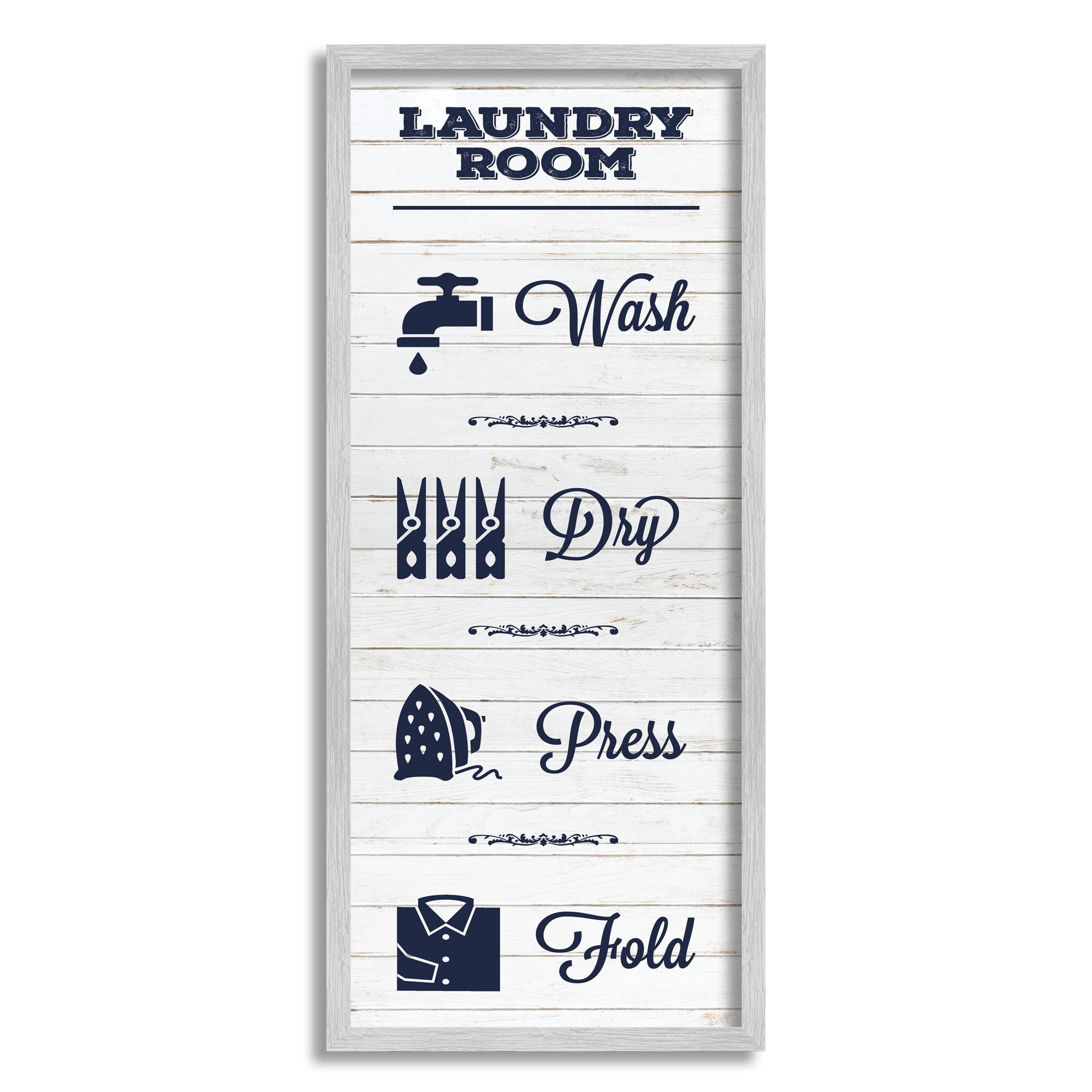 Stupell Industries Laundry Room Rustic Sign Wash Dry Fold Icons Typography Painting Gray Framed Art Print Wall Art, 13 x 30