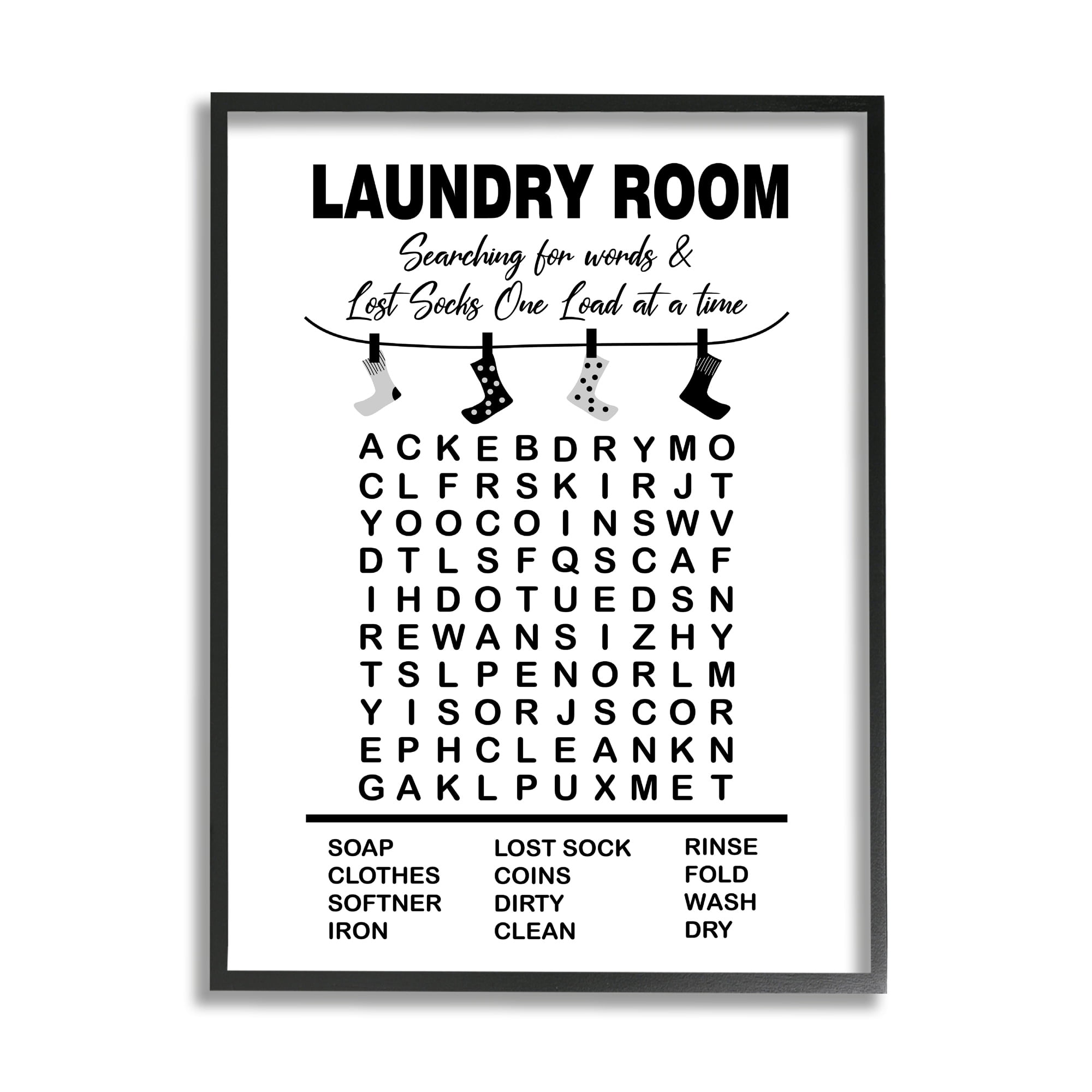 Stupell Industries Laundry Room Word Search Lost Socks Hanging Graphic Art Black Framed Art Print Wall Art, Design by Lettered and Lined