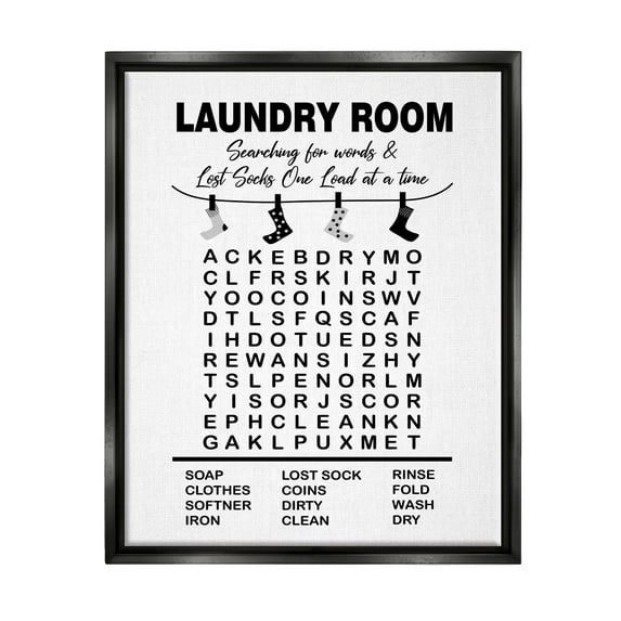 Stupell Industries Laundry Room Word Search Lost Socks Hanging Graphic Art Jet Black Floating Framed Canvas Print Wall Art, Design by Lettered and Lined