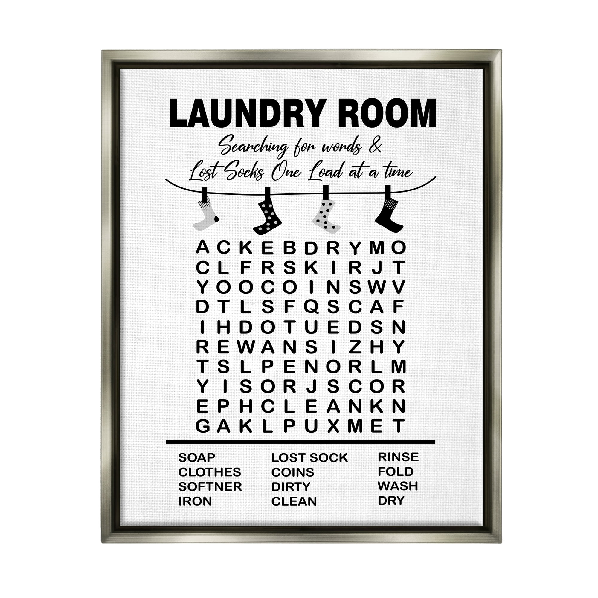 Stupell Industries Laundry Room Word Search Lost Socks Hanging Graphic Art Luster Gray Floating Framed Canvas Print Wall Art, Design by Lettered and Lined