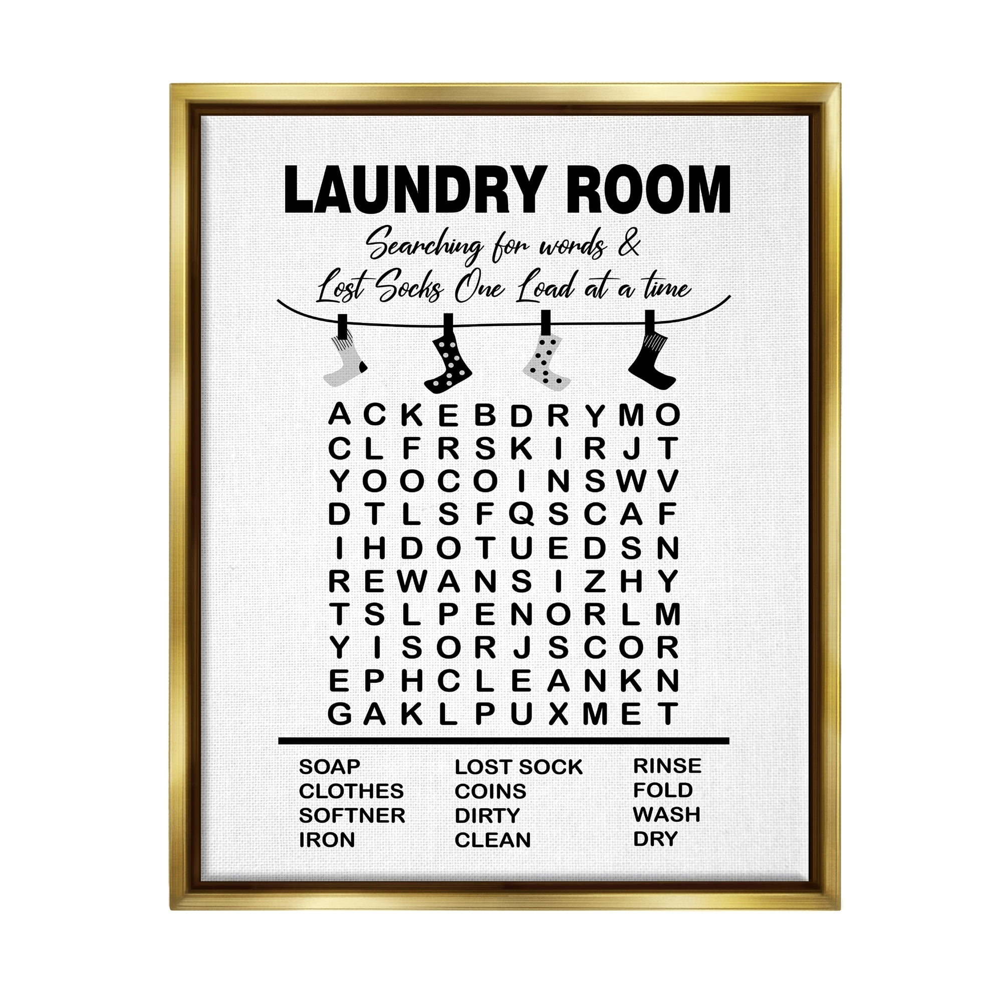Stupell Industries Laundry Room Word Search Lost Socks Hanging Graphic Art Metallic Gold Floating Framed Canvas Print Wall Art, Design by Lettered and Lined