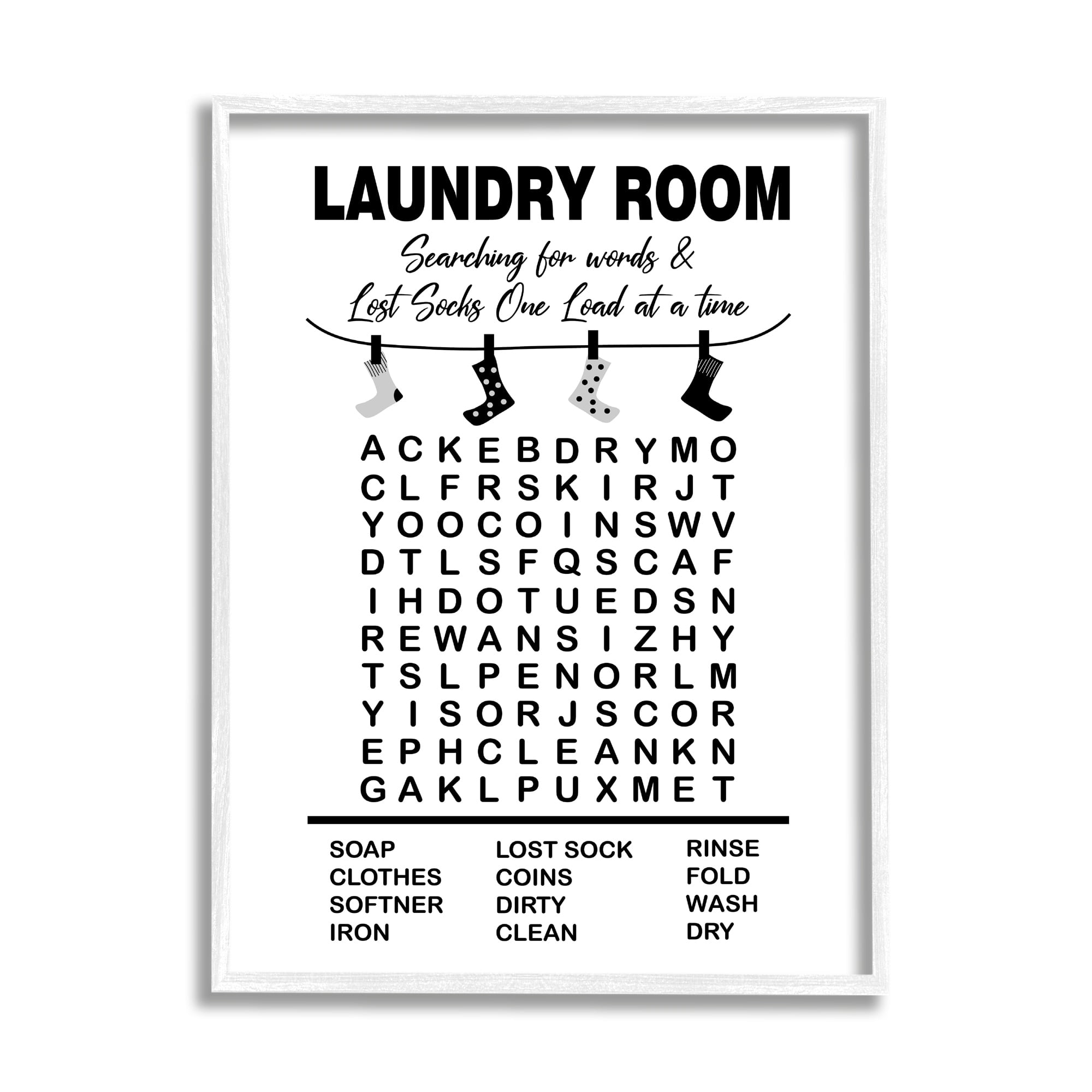 Stupell Industries Laundry Room Word Search Lost Socks Hanging Graphic Art White Framed Art Print Wall Art, Design by Lettered and Lined