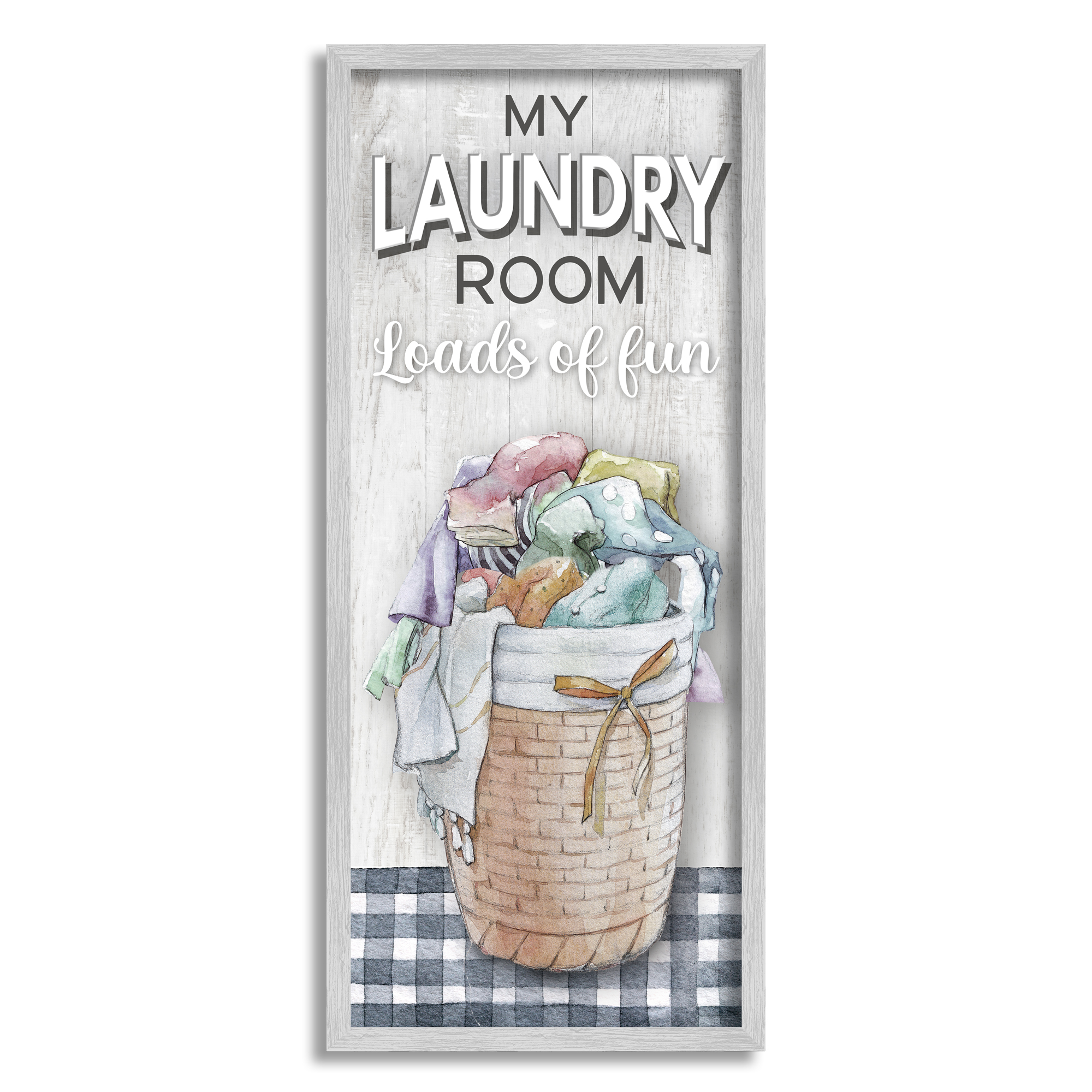 Stupell Industries Laundry Room with Plaid Typography Painting Gray Framed Art Print Wall Art, 10 x 24